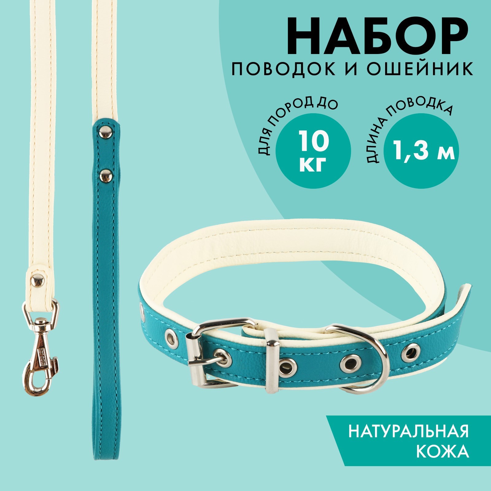Комплект ошейник и поводок из экокожи Пушистое счастье бирюзовый с белым - фото 1