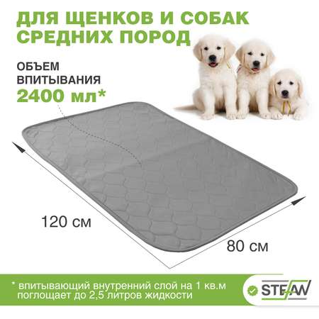 Пеленка для животных Stefan впитывающая многоразовая серая однотонная 80х120 см