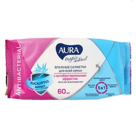Влажные салфетки AURA антибактериальные 60 шт.