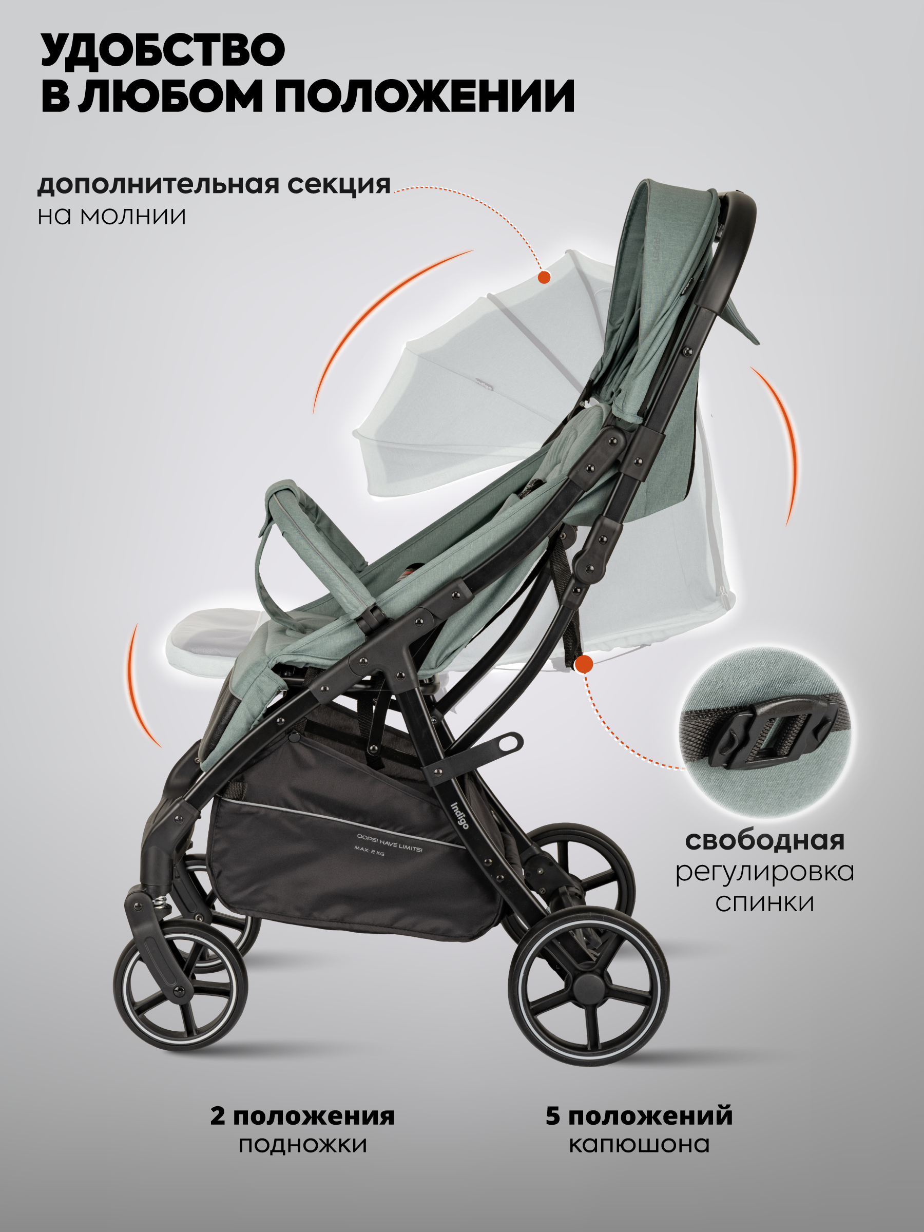 Коляска прогулочная Indigo Frost для путешествий зеленый зеленый - фото 4