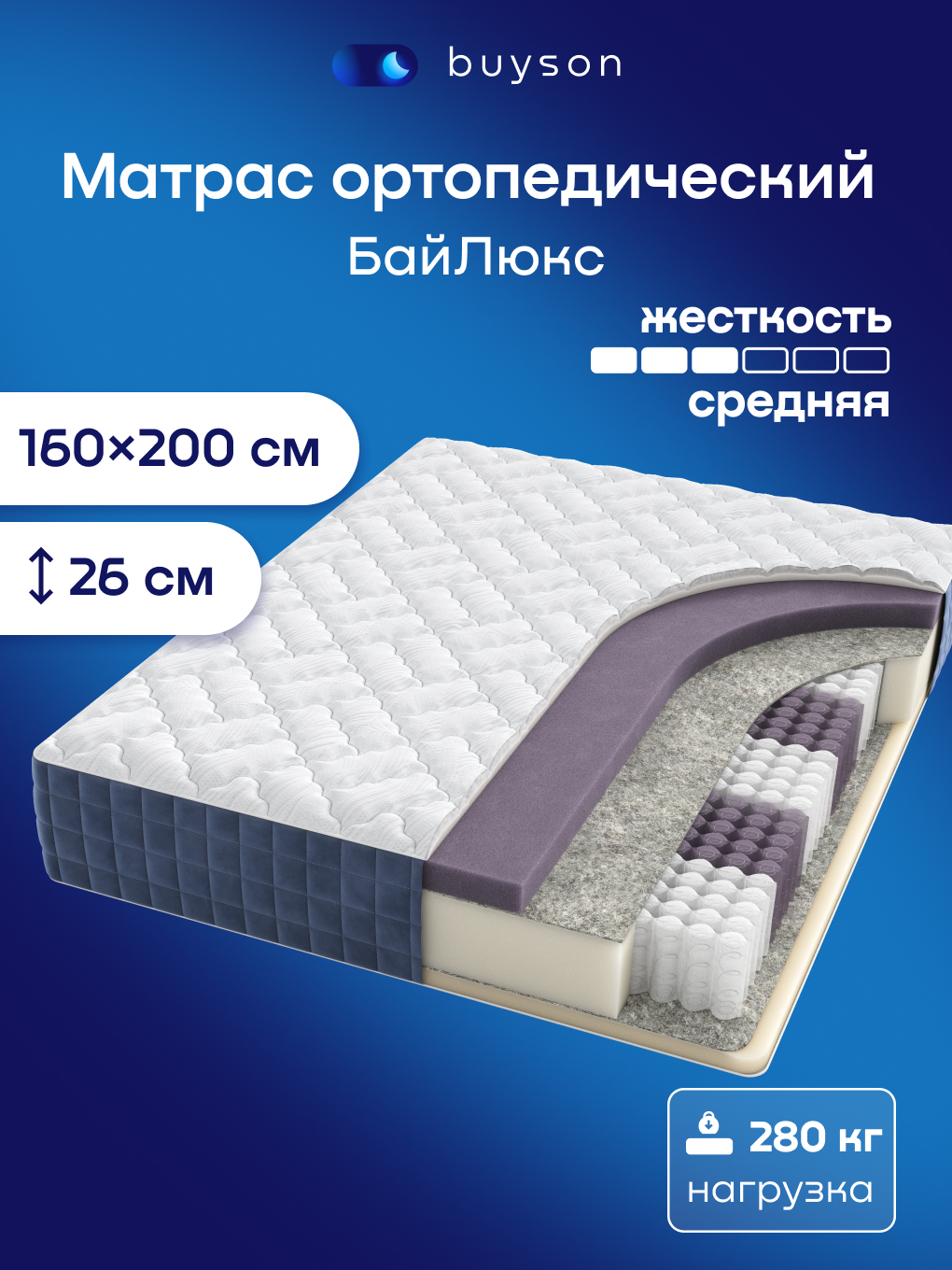 Изображение товара Матрас buyson BuyLuxe 200х160 см ортопедический с независимыми пружинами Изображение товара Матрас buyson BuyLuxe 200х160 см ортопедический с независимыми пружинами