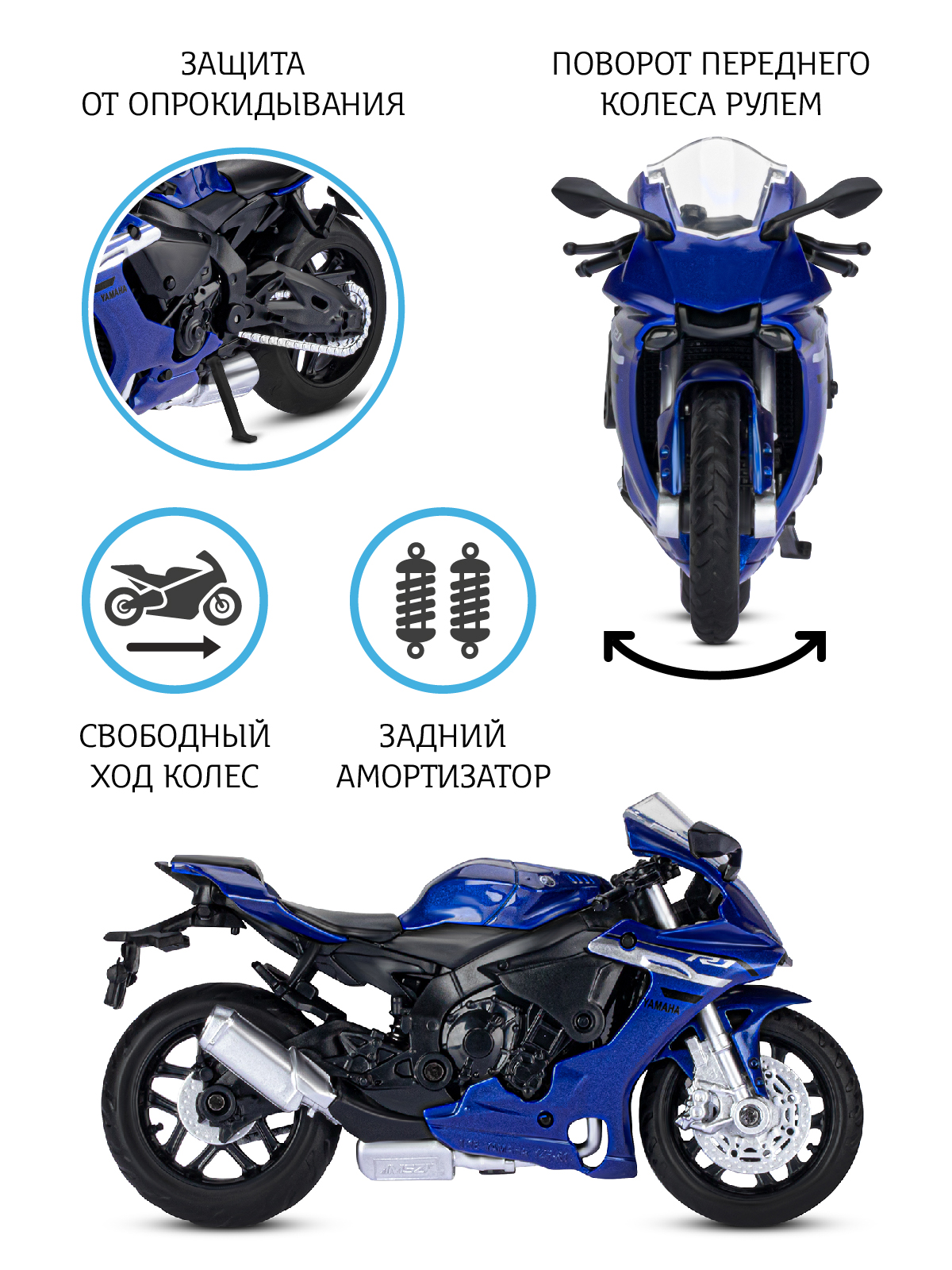 Мотоцикл АВТОпанорама Yamaha YZF R1 1:18 JB1251570 - фото 2