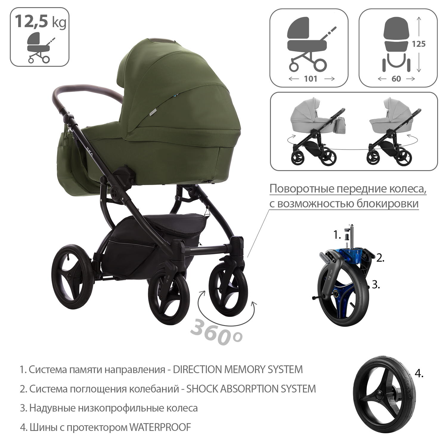 Коляска 2в1 Bebetto Luca хаки - фото 4