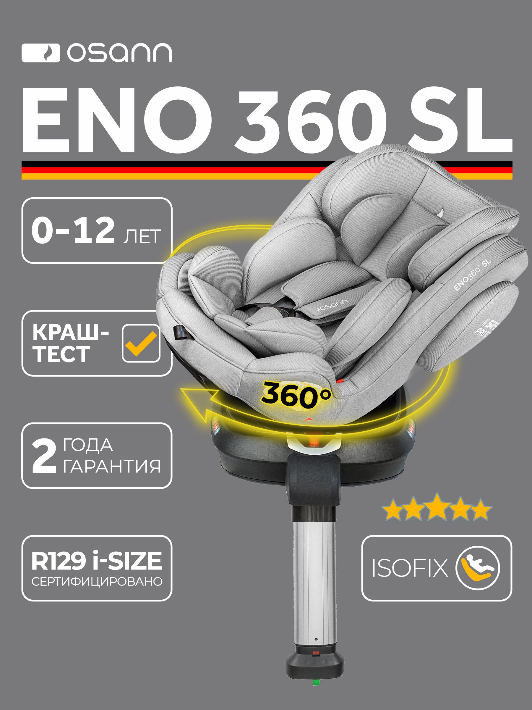 Автокресло Osann Eno 360 SL Iron 0-36 кг Isofix 0+/1/2/3 (0-36 кг) серый - фото 1