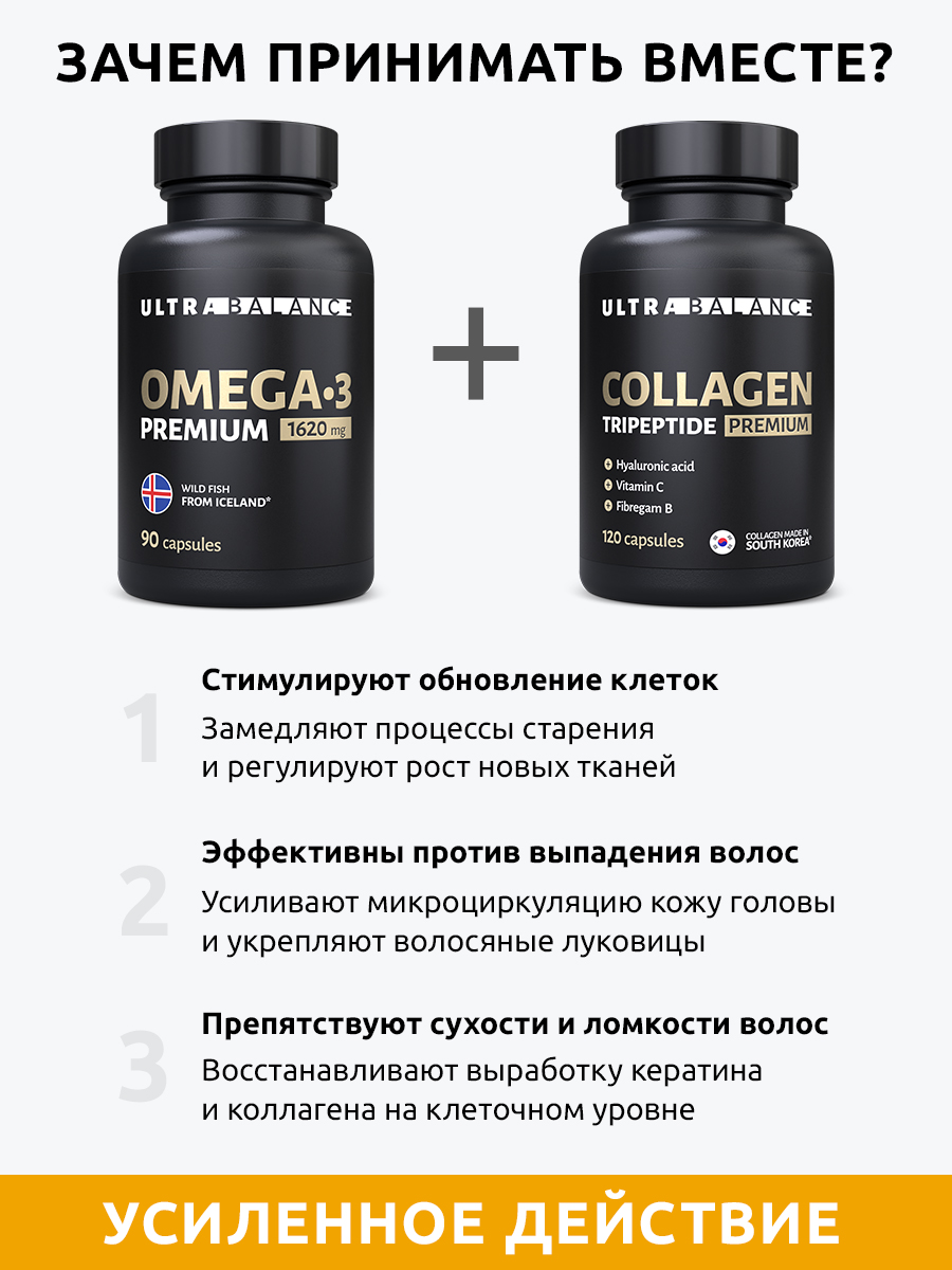 Витамины для роста волос комплекс UltraBalance Омега 3 1620 мг и коллаген от выпадения для женщин и мужчин - фото 3