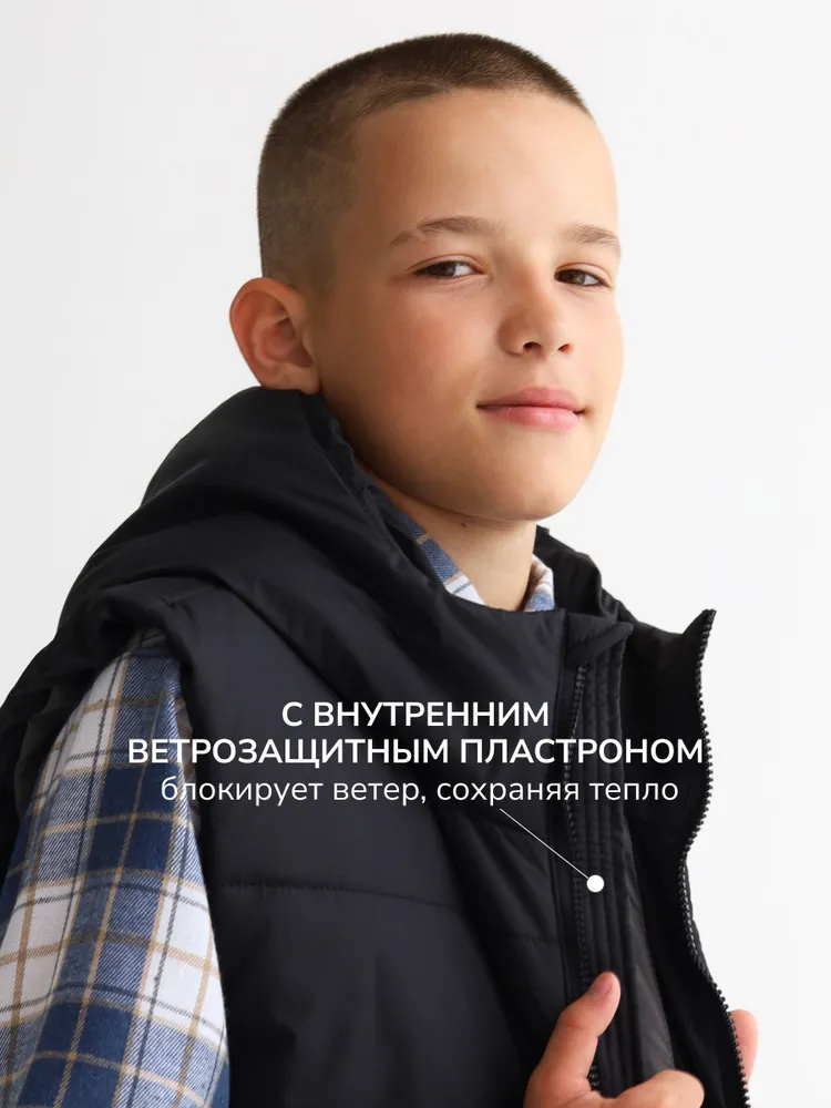 Жилет MINIDINO В-Ж-006Жилет с капюшоном утепленный черный - фото 7