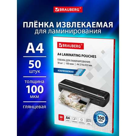 Пленки-заготовки для ламинирования Brauberg А4 извлекаемые 50 штук 100 мкм
