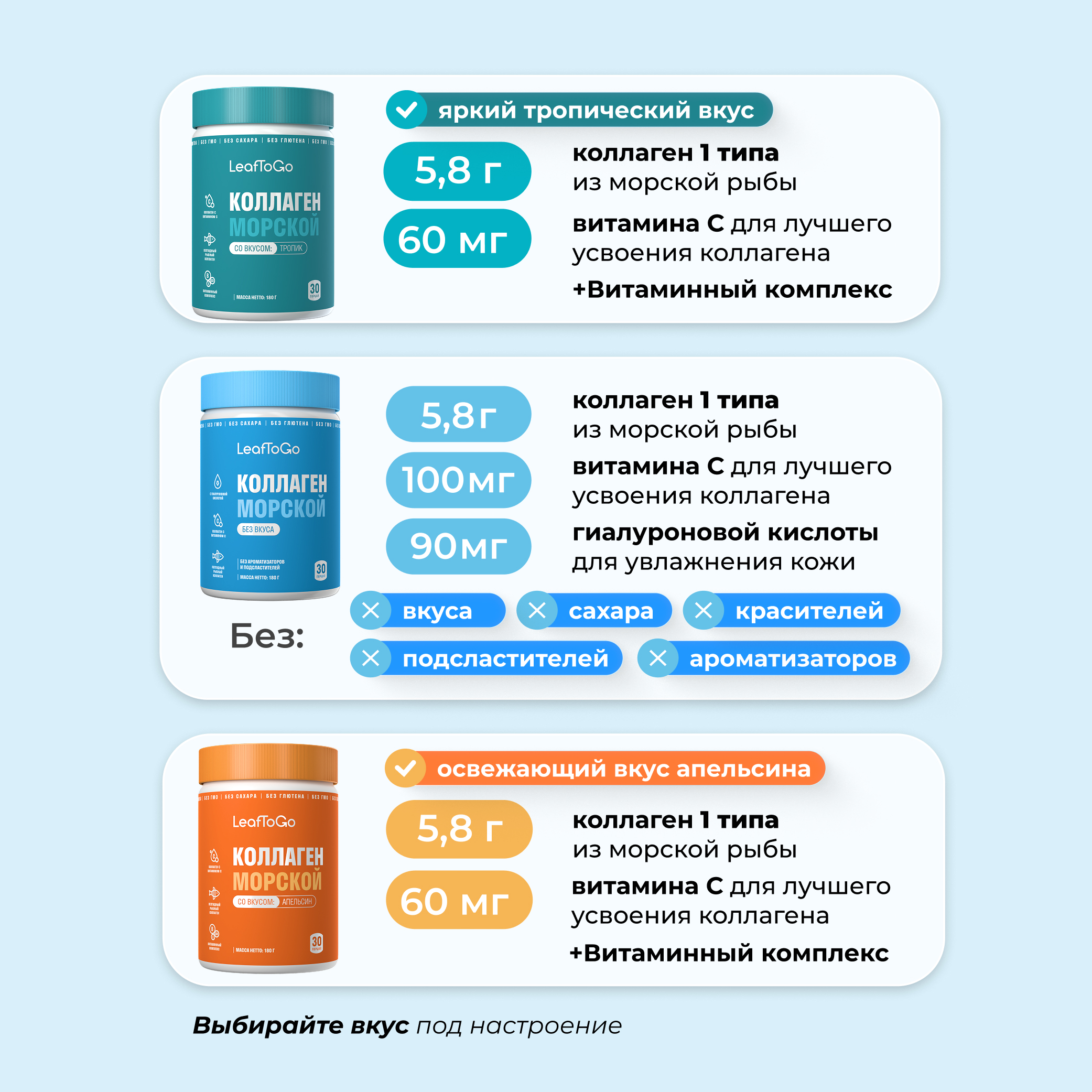 Набор 3 штуки, 90 порций LeafToGo Коллаген морской порошок пептидный с витамином С - фото 3