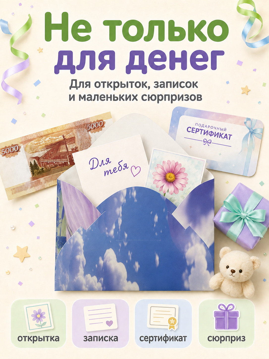 Конверты для денег детские Филькина Грамота с разноцветным котёнком 10 шт. - фото 2
