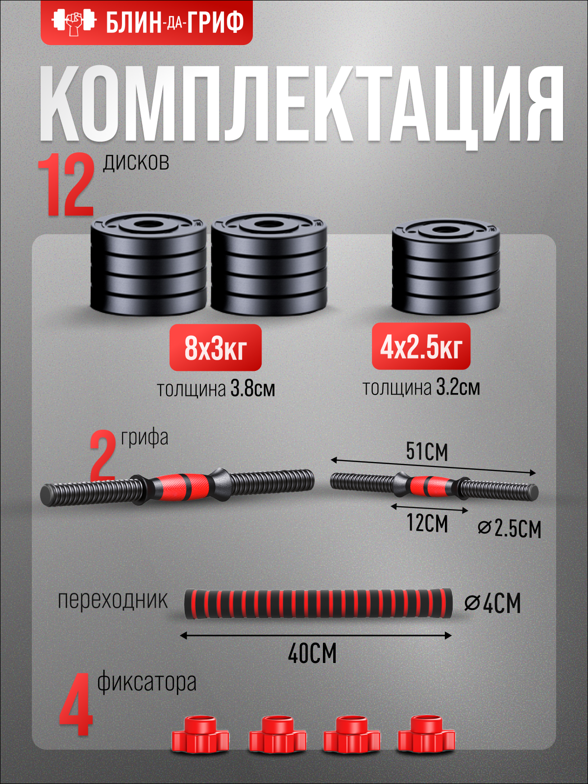 Набор блинов с грифом БлинДаГриф Гантель 17кг 2шт - фото 2