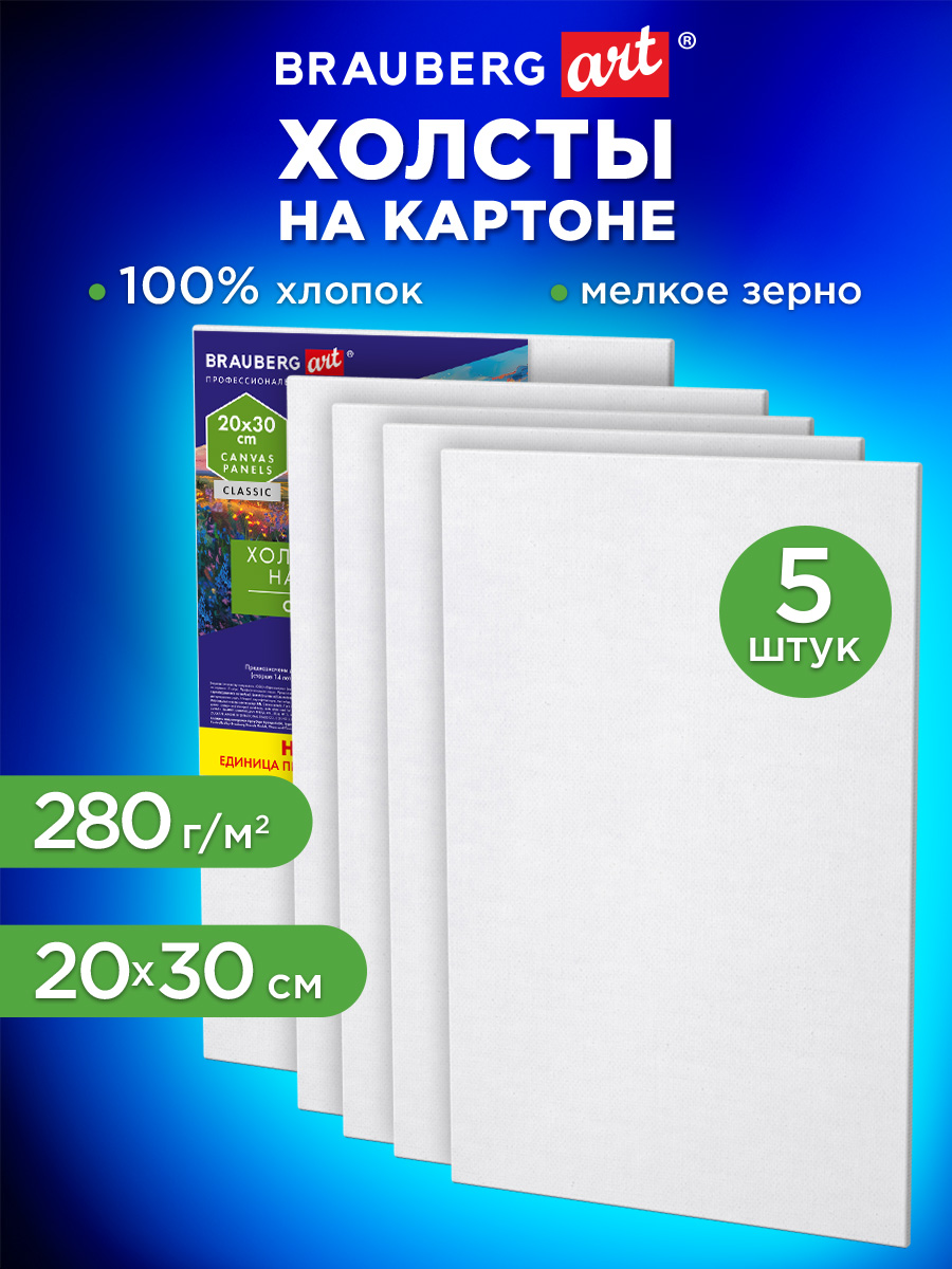 Холст для рисования Brauberg на картоне маленький 20x30 см набор 5 штук - фото 1