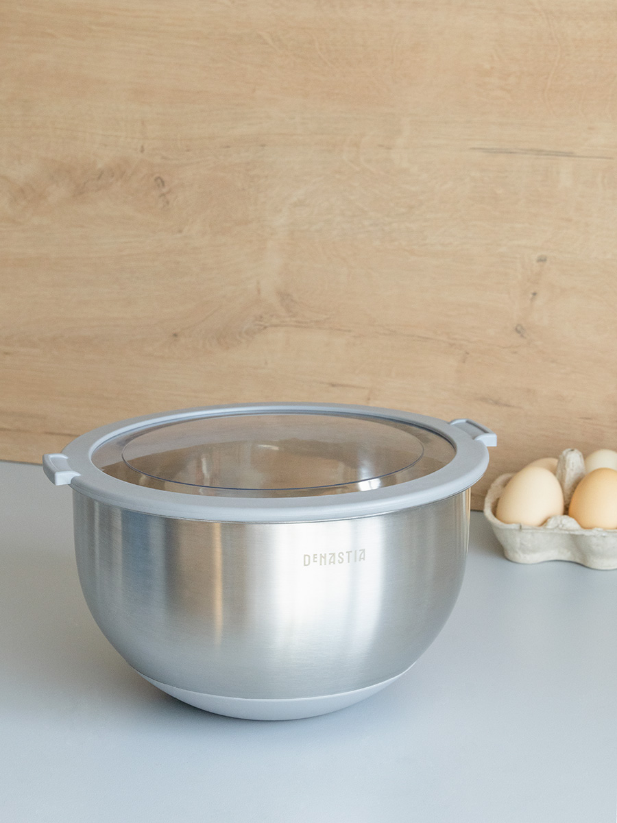 Миска DeNASTIA с прозрачной крышкой 3 л нерж.сталь серый A000338 - фото 1