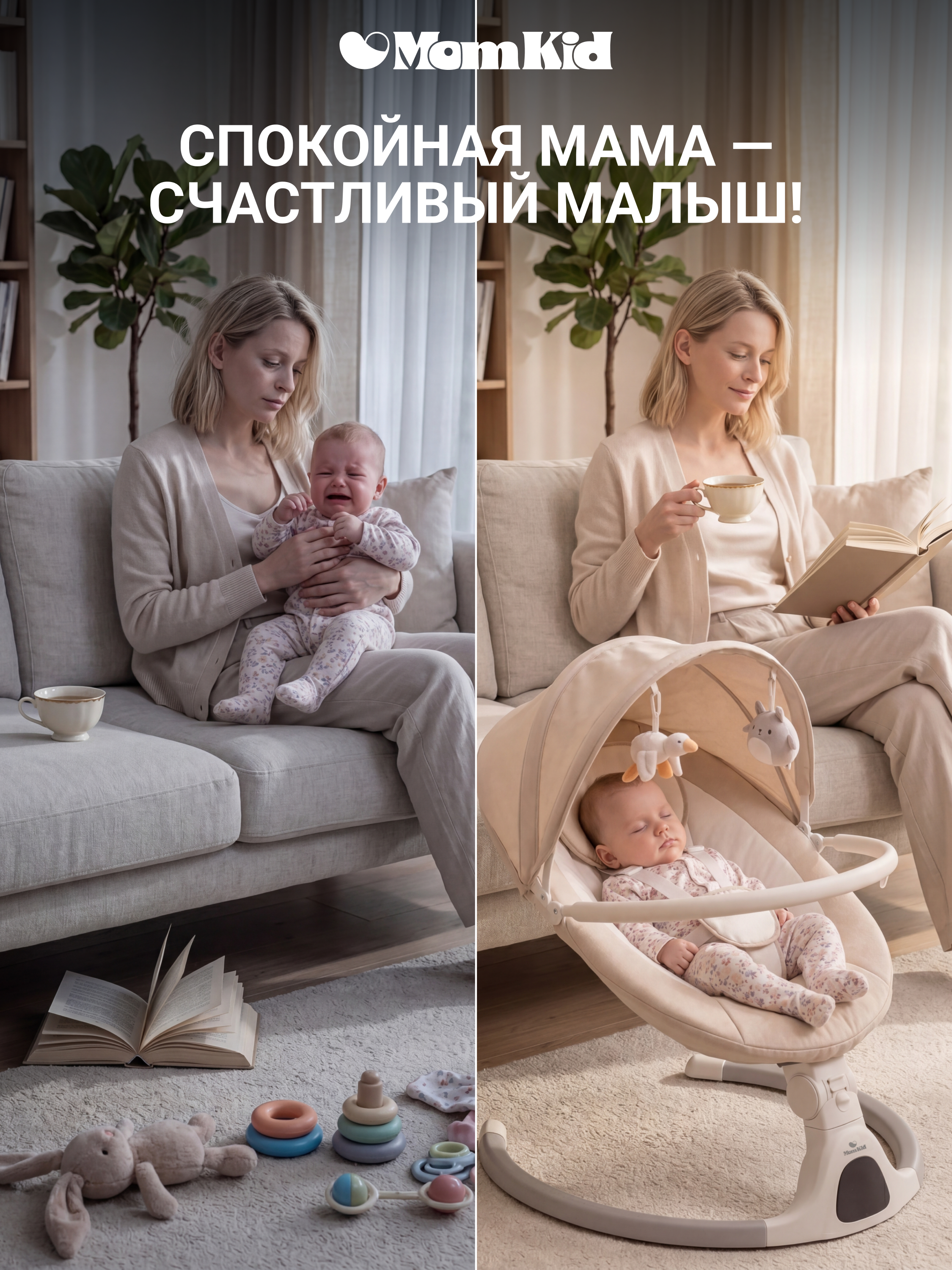 Качели MomKid от 0 с Bluetooth и пультом бежевый - фото 18