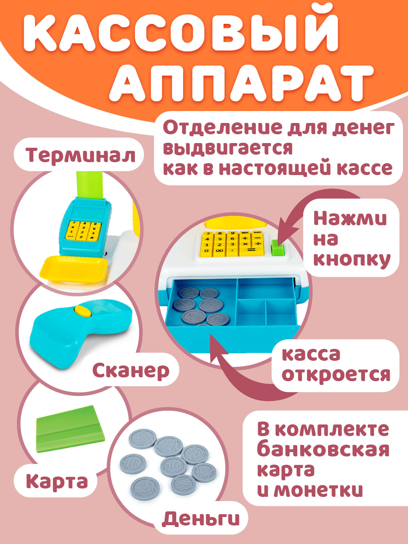 Игровой набор СТРОМ продукты, касса, тележки и корзинки - фото 6