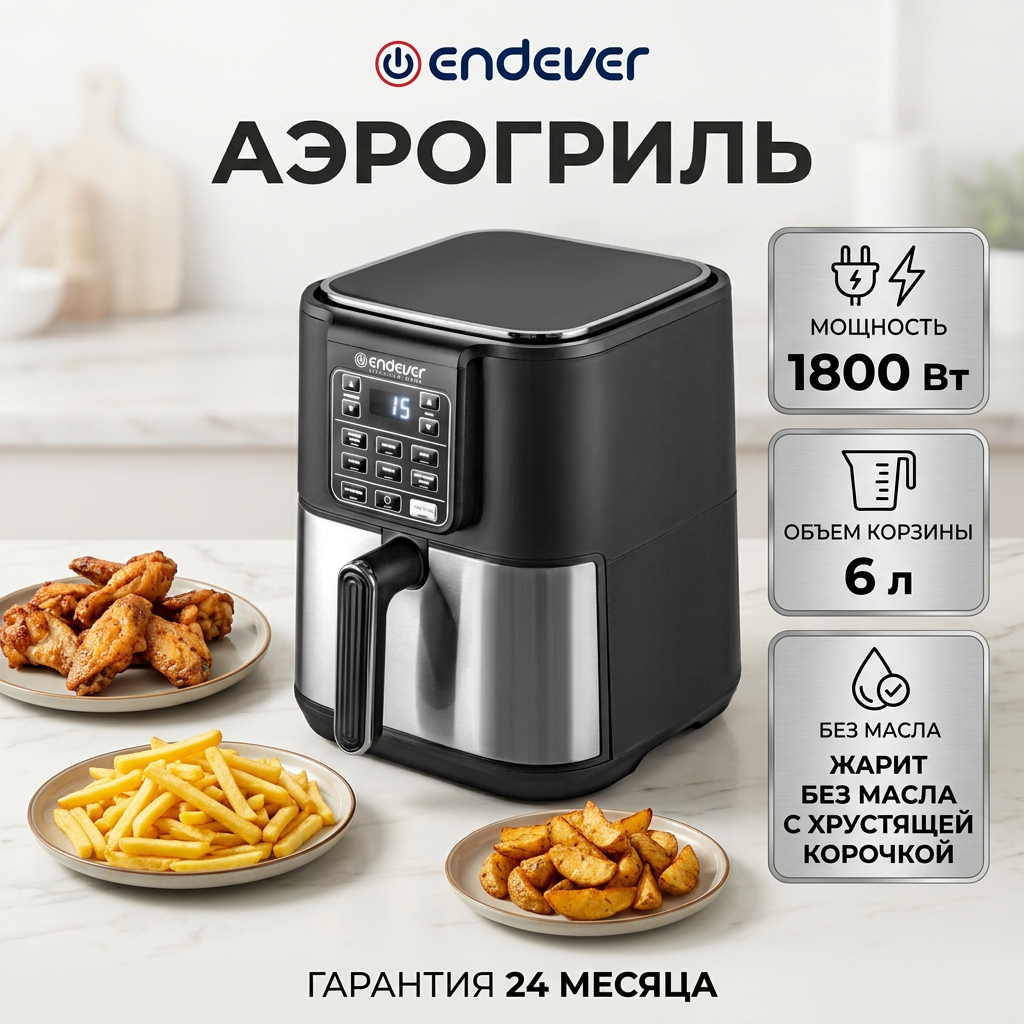 Изображение товара Электросушилка и аэрогриль Endever AF-130 1800 Вт 6 л черный/стальной