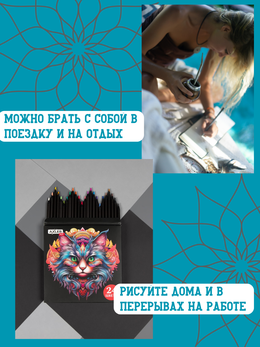 Раскраска для взрослых антистресс AXLER набор для раскрашивания и арт терапии мандалы 20 шт и карандаши 24 цв - фото 6