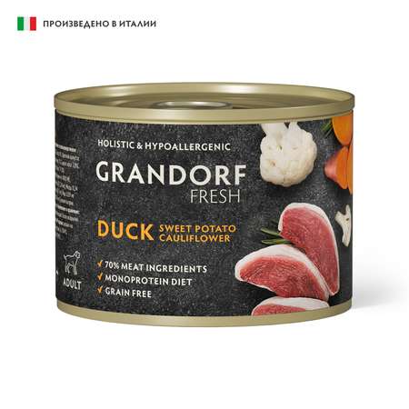 Консервы для собак GRANDORF FRESH Паштет из утки с бататом и цветной капустой 200г
