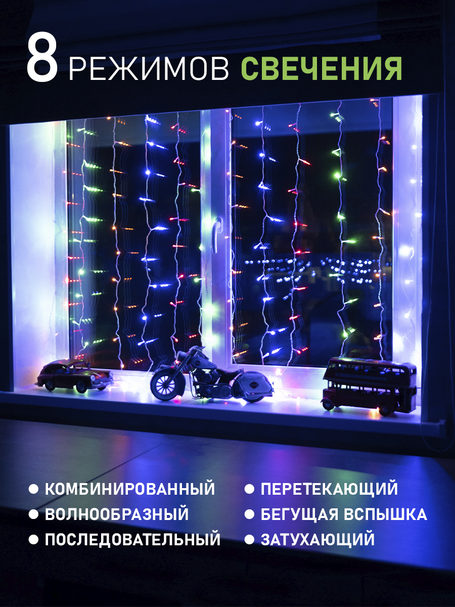 Светодиодная гирлянда NEON-NIGHT Дождь-занавес 1.5х1 м 8 режимов свечение мультиколор 235-029 - фото 3