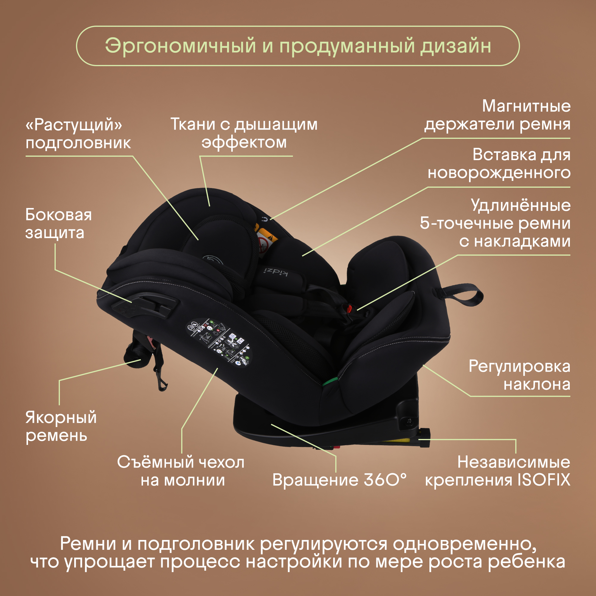Автокресло Kidzi SPIN 360 i-SIZE Isofix 0+/1/2/3 (0-36 кг) черный - фото 4