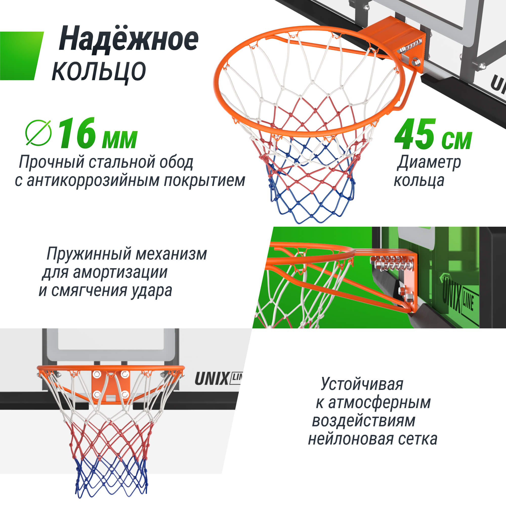 Баскетбольный щит UNIX line из поликарбоната в стальной раме B-Backboard Square диаметр кольца R45 - фото 3
