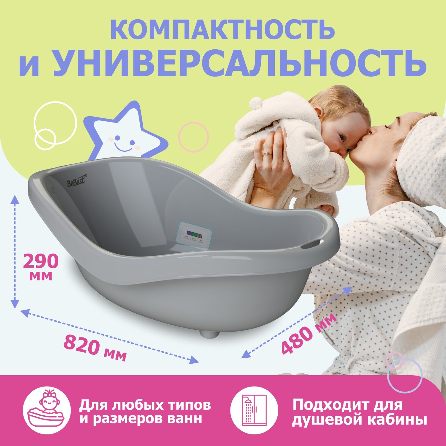 Ванночка для купания BeBest Respect с термометром серый - фото 4