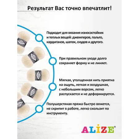 Пряжа Alize полушерстяная мягкая теплая Superlana maxi 100г 100м 5 шт 599 слоновая кость