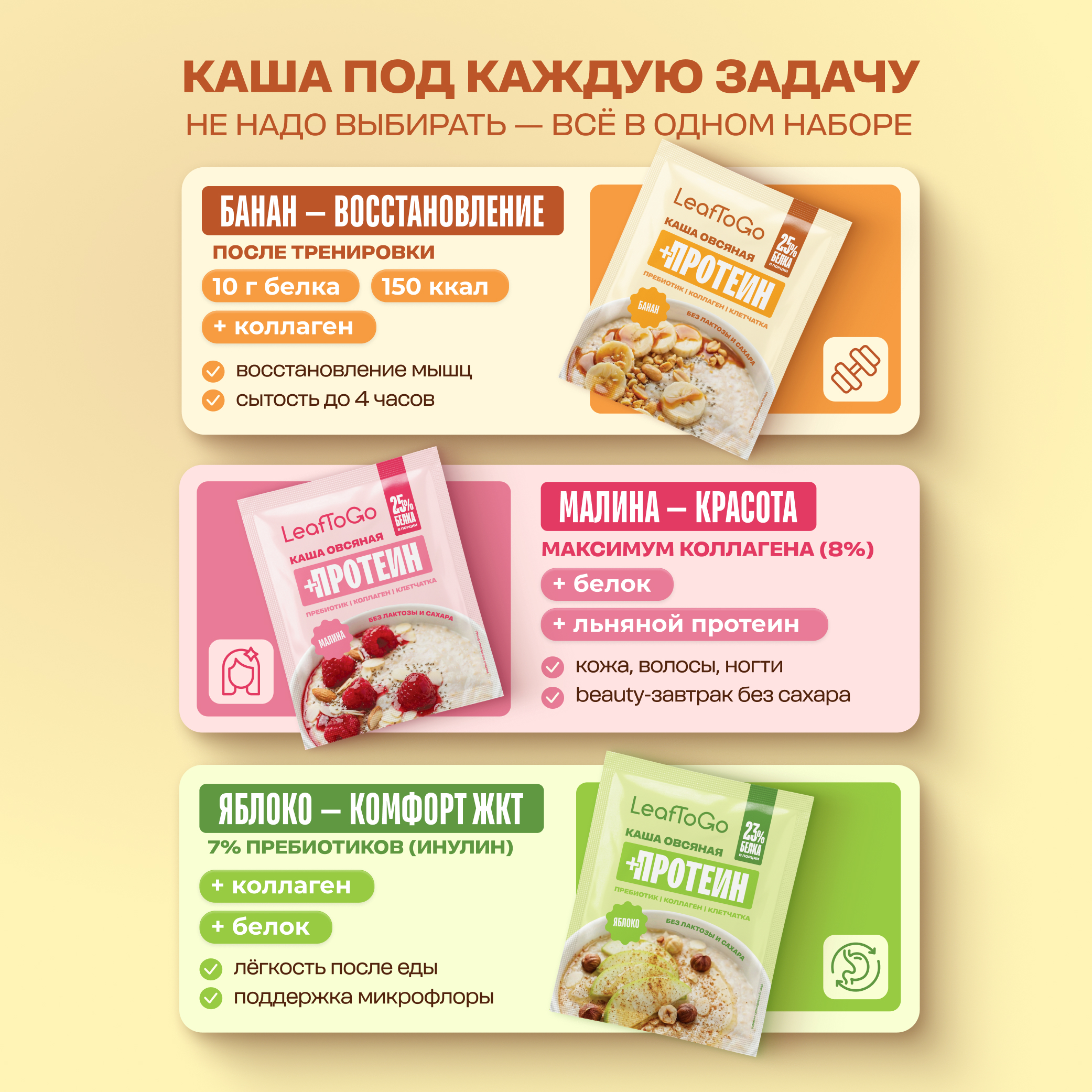 Каша овсяная быстрого приготовления LeafToGo с протеином ассорти 3 вкуса: яблоко банан малина 9 порций - фото 2