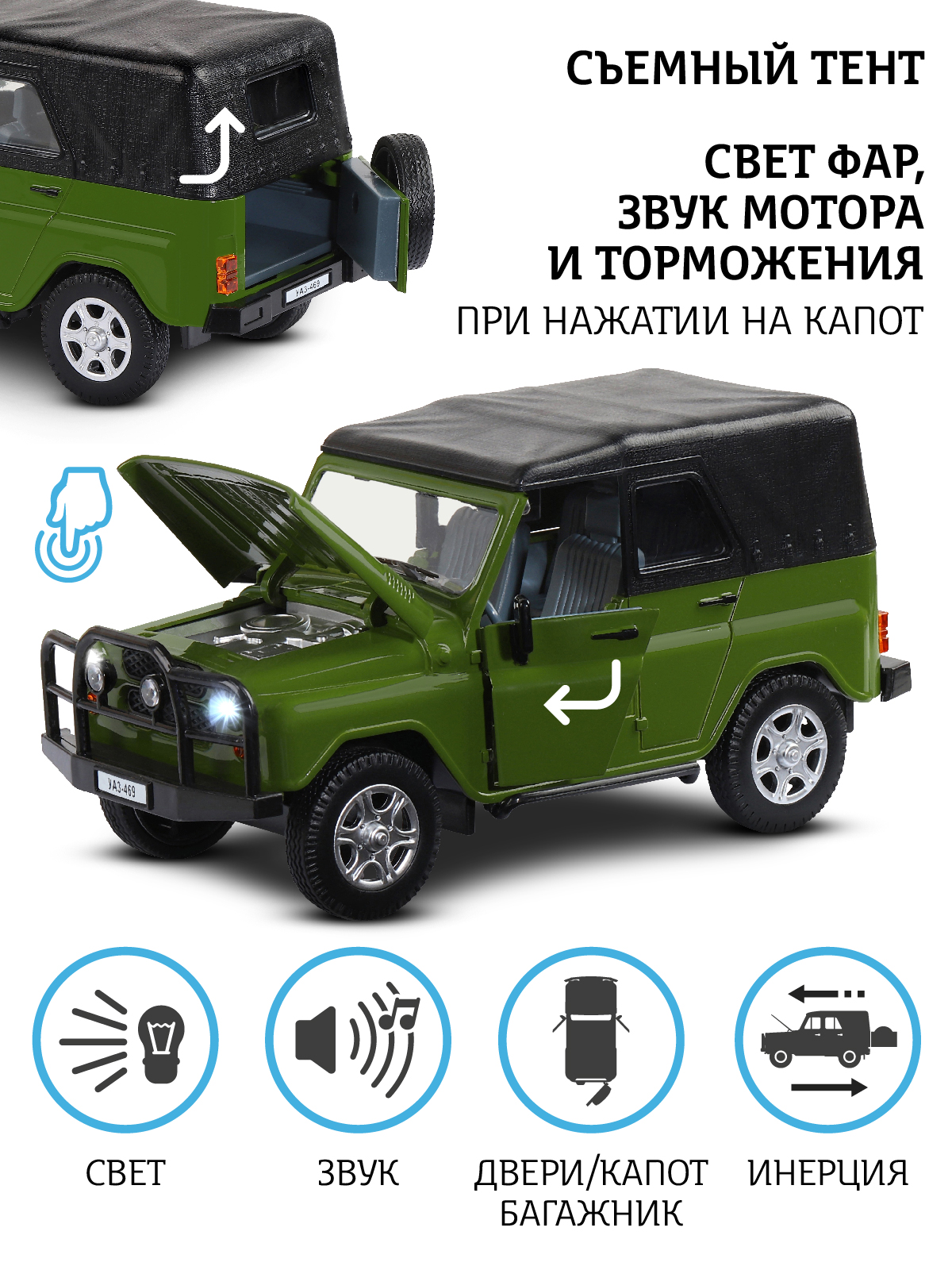 Внедорожник АВТОпанорама УАЗ 469 1:24 зеленый JB1200214 - фото 2
