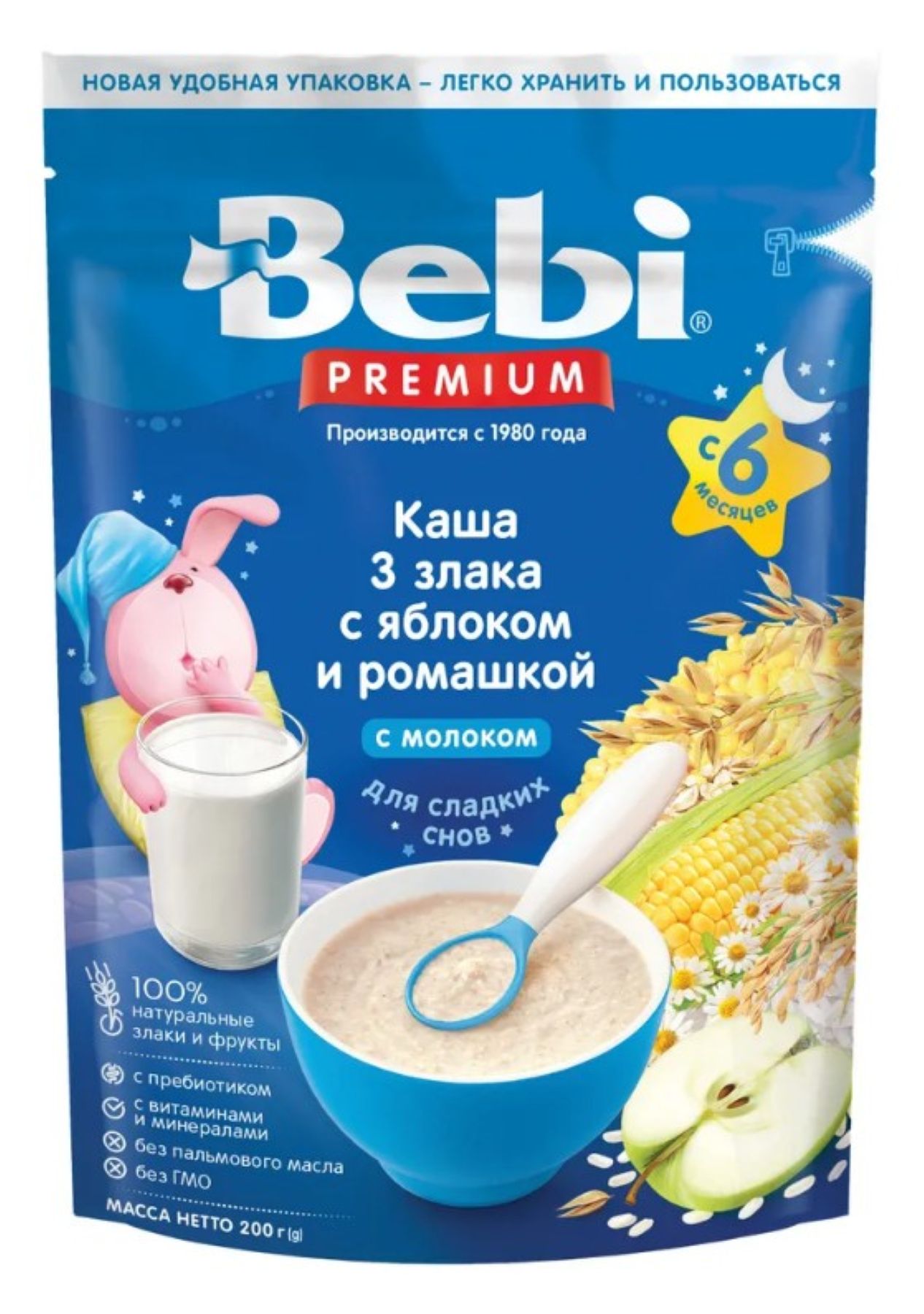 Молочная каша Bebi Premium 3 злака с яблоком и ромашкой - фото 1