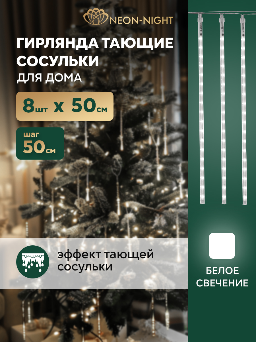 Светодиодная гирлянда NEON-NIGHT Тающие сосульки 8 шт. х 50 см белое свечение 256-313-6 - фото 1