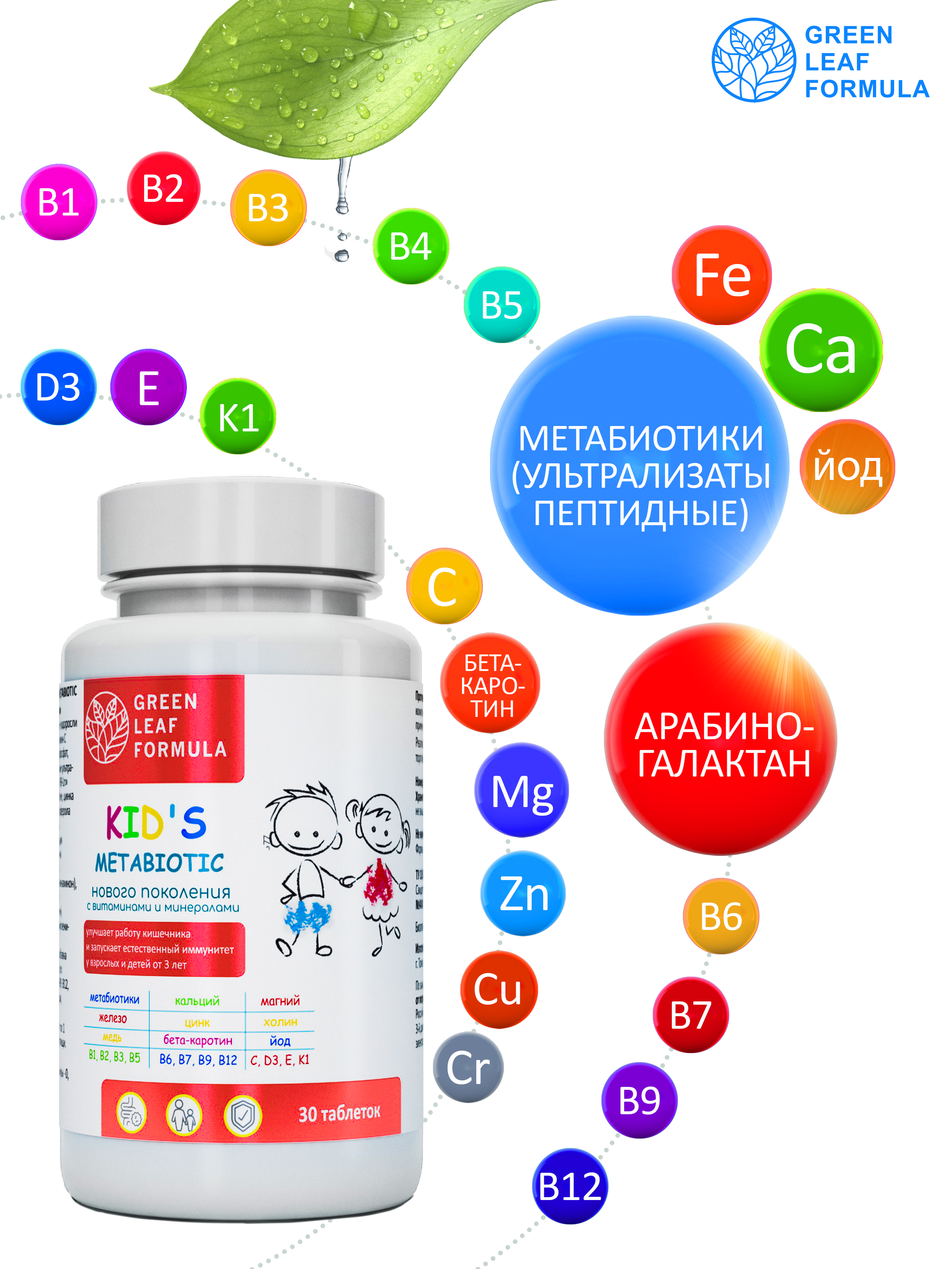 Метабиотик для детей Green Leaf Formula для кишечника с витаминным комплексом 30 таблеток - фото 3