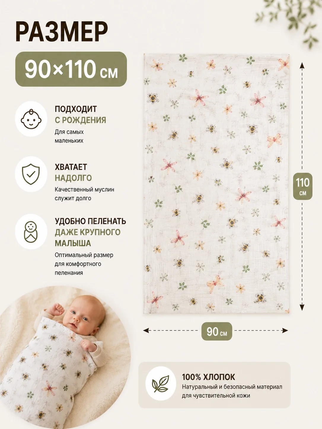 Пелёнка Сонный ежик муслиновая муслин 90х120 см 3 шт. - фото 4