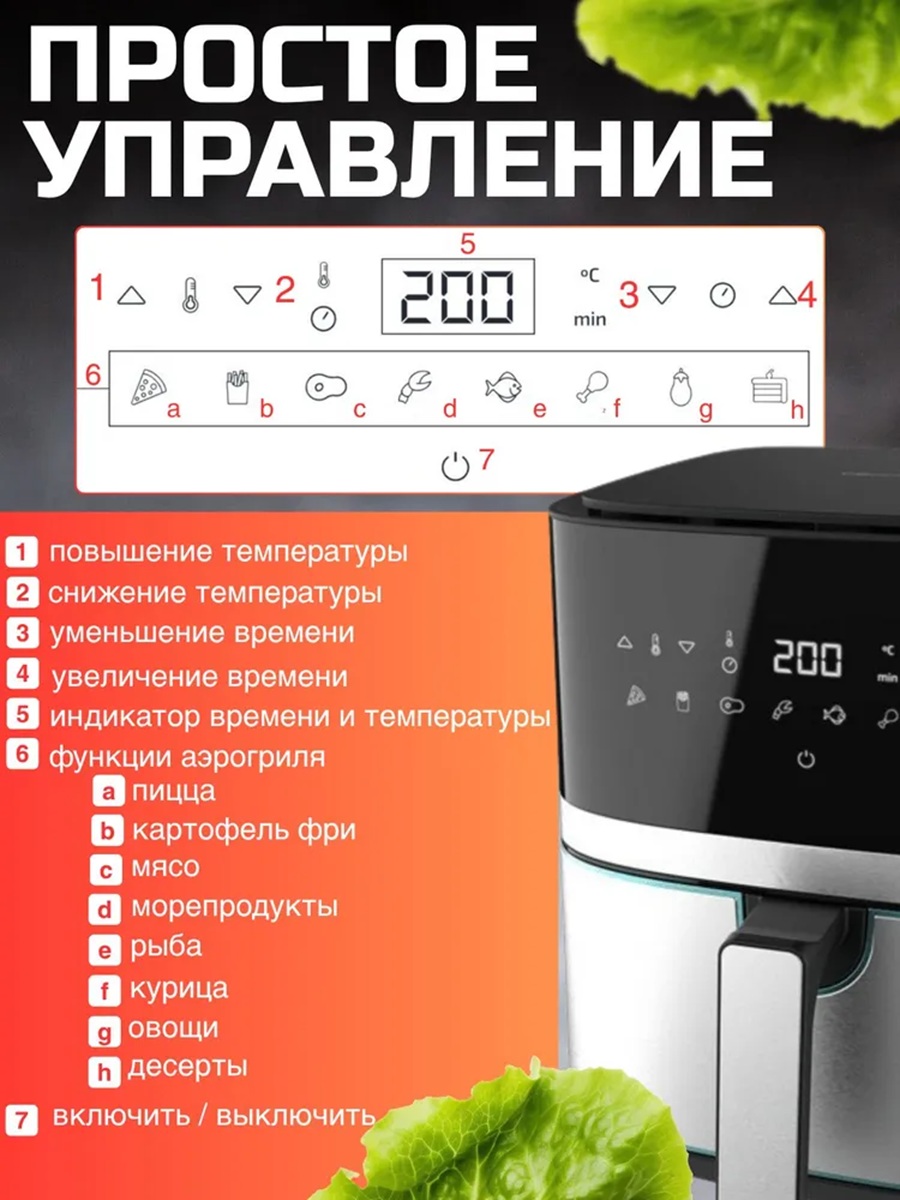 Аэрогриль CASTLELADY электрический 2 в 1 6 л, 1700 Вт - фото 4