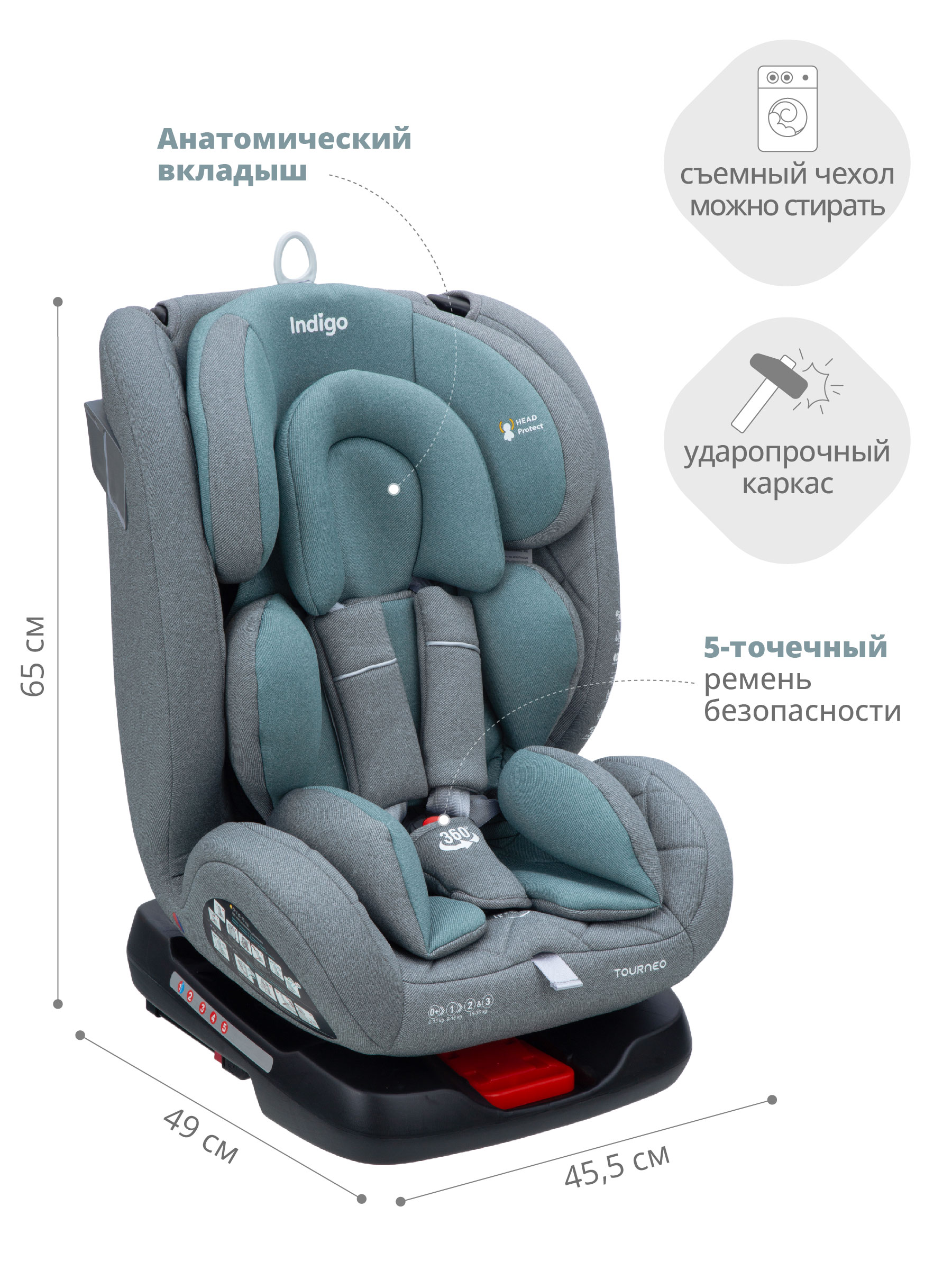Автокресло Indigo Tourneo Isofix 0+/1/2/3 (0-36 кг) серый - фото 4