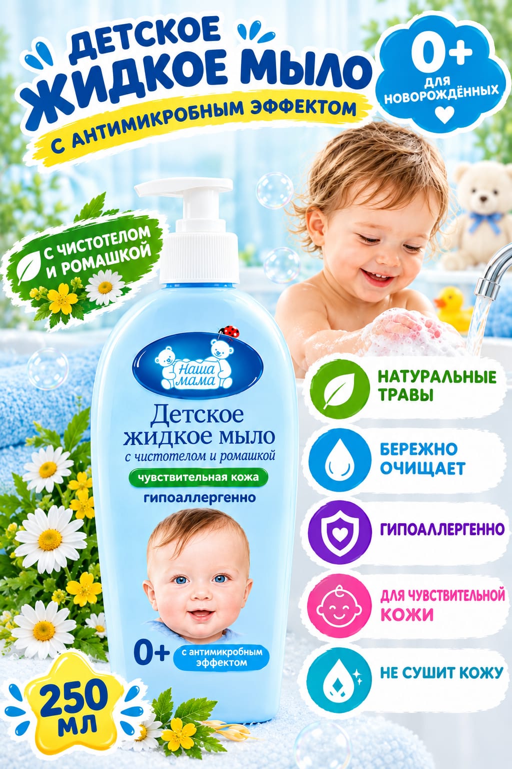 Изображение товара Жидкое детское мыло Наша Мама 250 мл для чувствительной кожи с экстрактами трав Изображение товара Жидкое детское мыло Наша Мама 250 мл для чувствительной кожи с экстрактами трав
