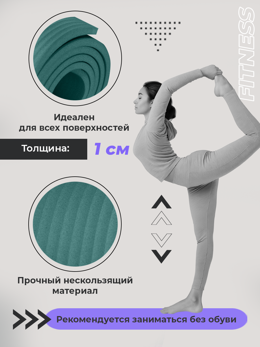 Коврик спортивный U-TURN для фитнеса и йоги тёмно-зелёный - фото 3