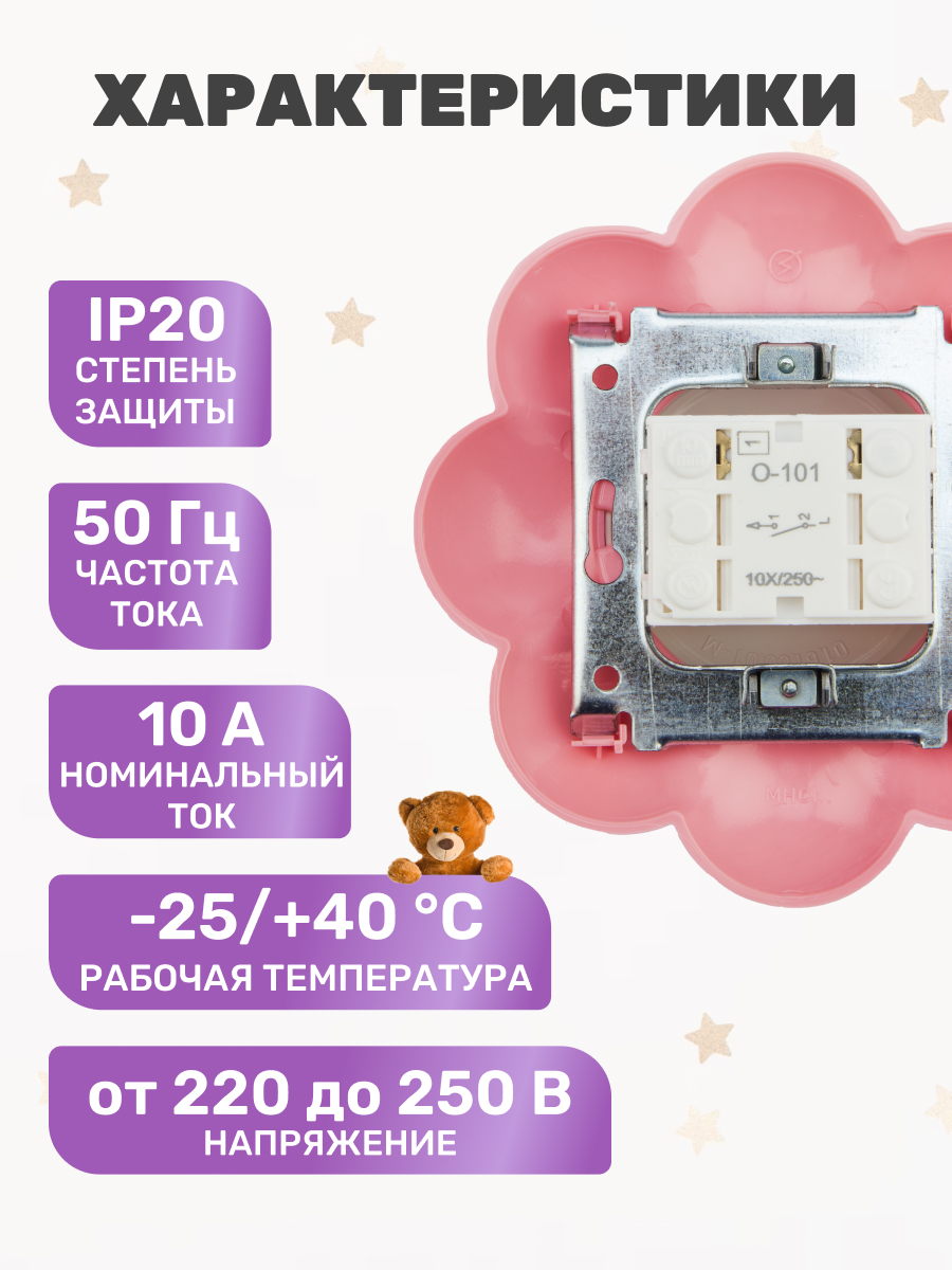 Выключатель Kranz Happy «Цветок» одноклавишный скрытой установки бело-розовый - фото 3