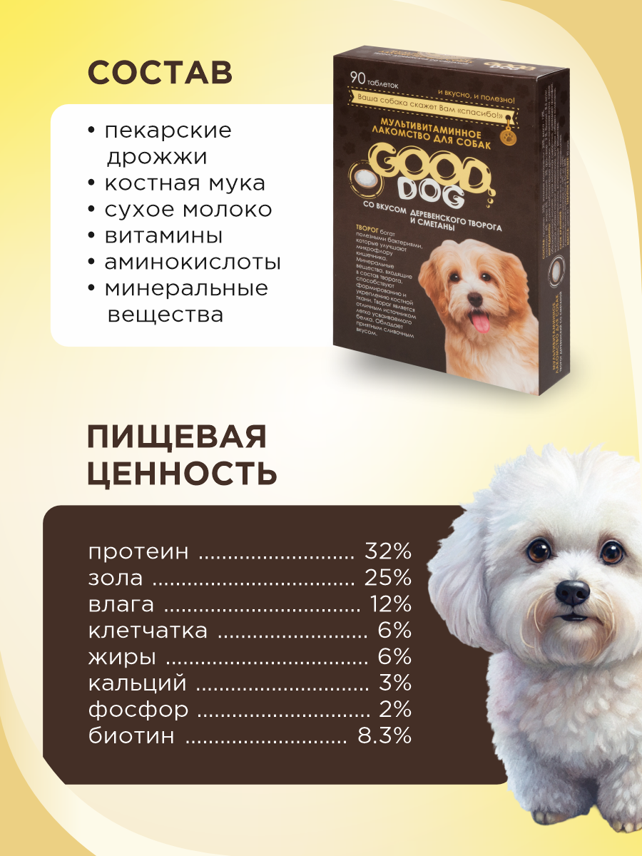 Полезное лакомство для собак GOODR DOG со вкусом творога и сметаны 90 таб. - фото 8