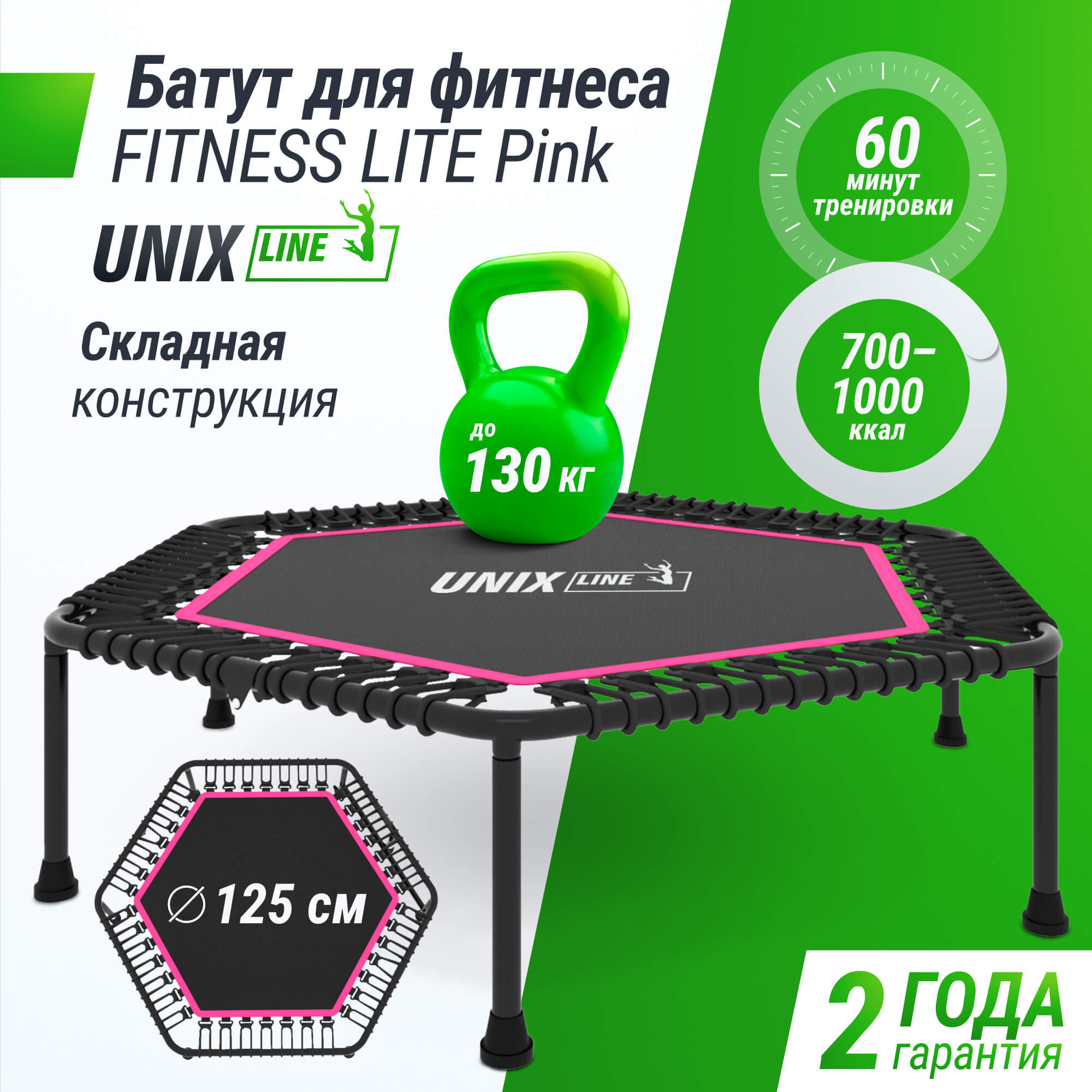 Батут Fitness Lite Pink UNIX line спортивный складной диаметр 125 см до 130 кг фитнес джампинг - фото 1