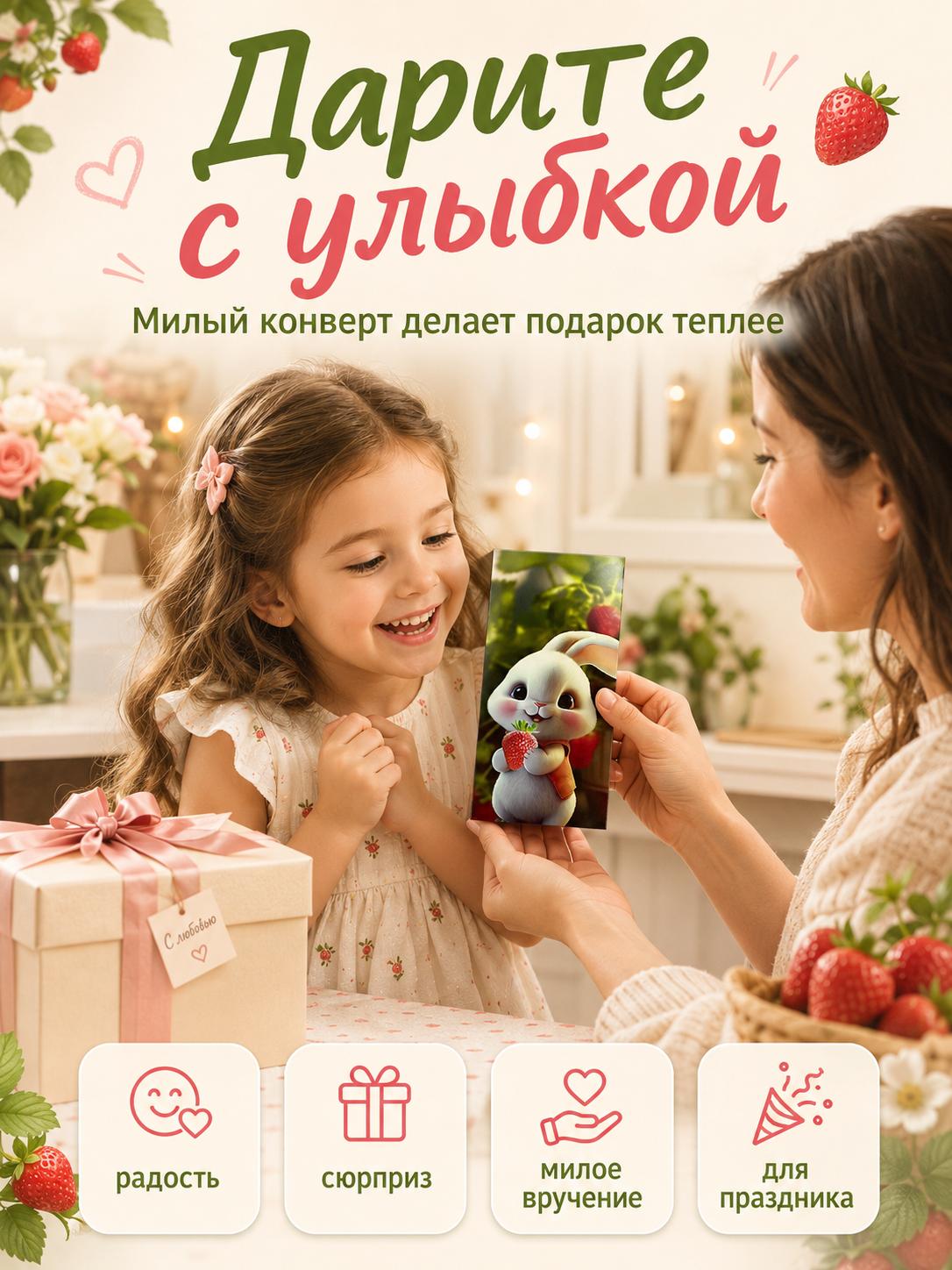 Конверты для денег детские Филькина Грамота с зайчиком и клубникой, 10 шт. - фото 1