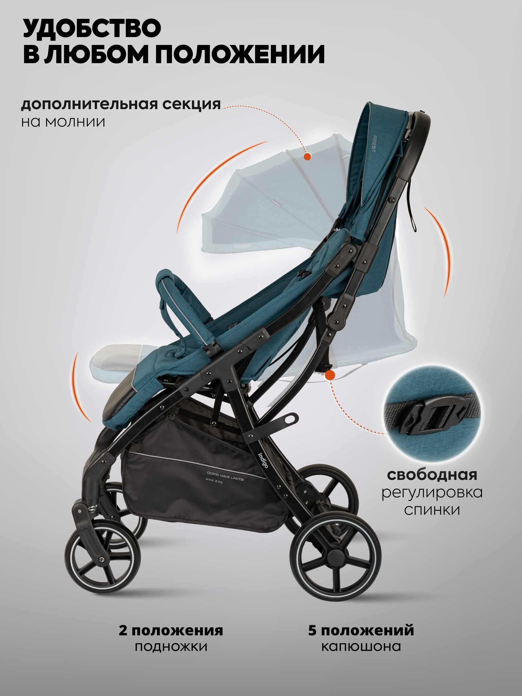 Коляска прогулочная Indigo Frost для путешествий синий синий - фото 4