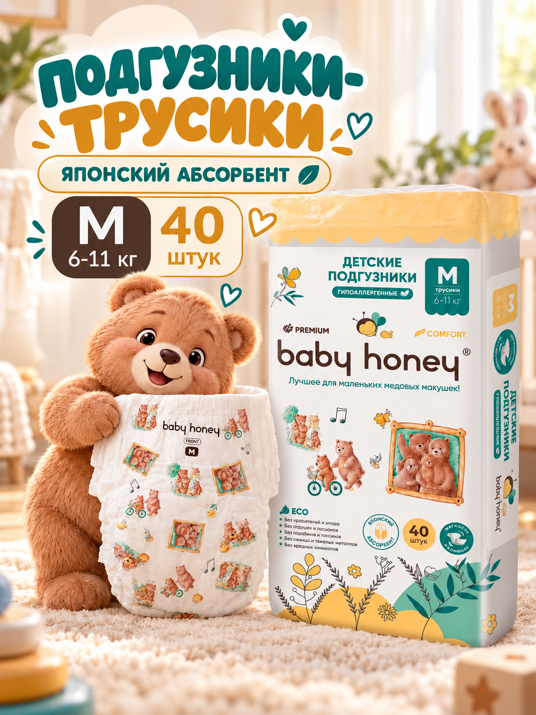 Трусики Baby Honey Premium для новорожденных M (6-11 кг) 40 шт. - фото 1