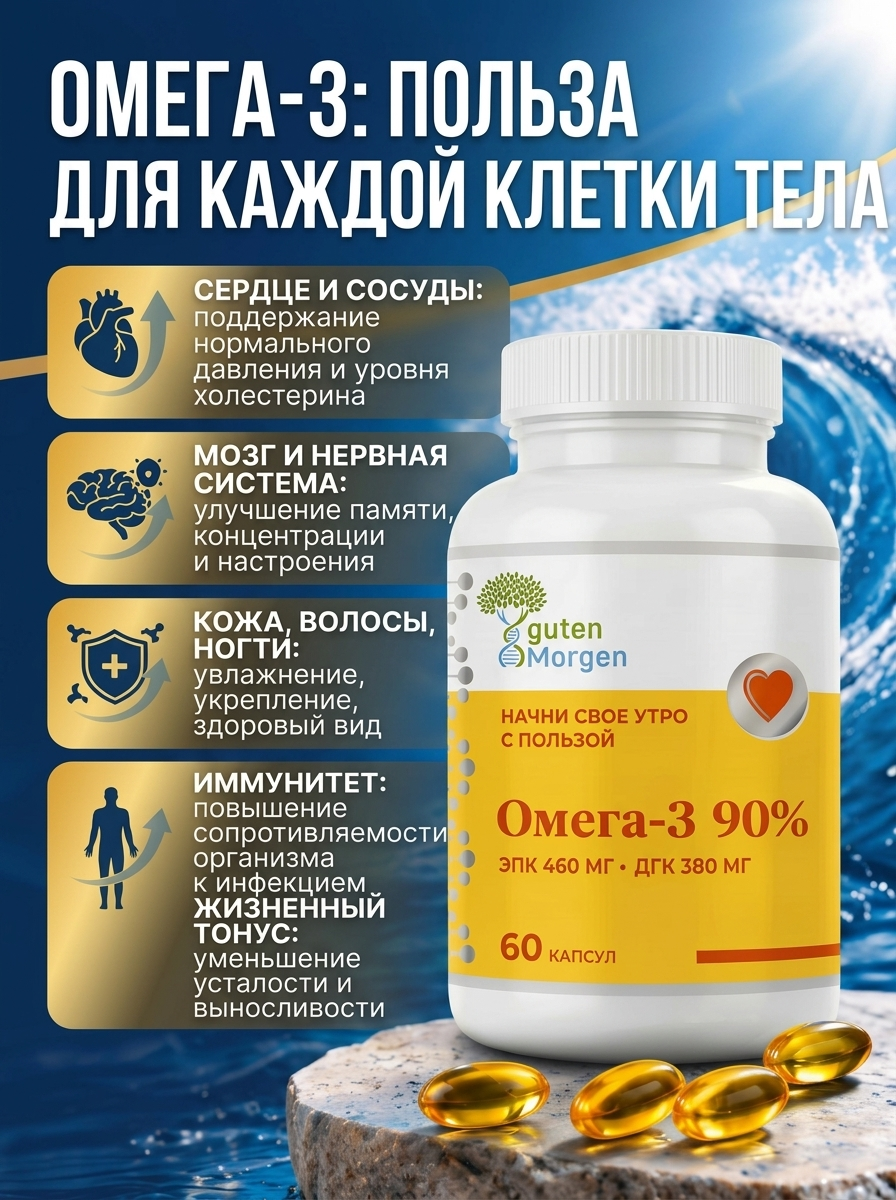 Омега 3 90% рыбий жир (ЭПК 460/ДГК 380) Guten Morgen 1414 мг+ витамин Е, 60 капсул для мужчин, женщин, беременных: сердце, иммунитет - фото 3