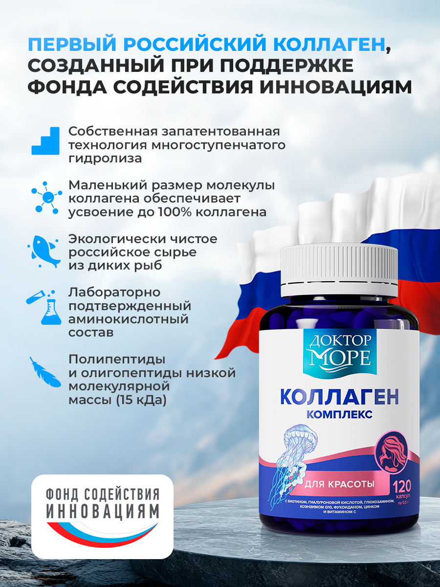 Коллаген комплекс Доктор Море с биотином гиалуроновой кислотой коэнзимом Q10 цинком и витамином C 120 капсул - фото 3