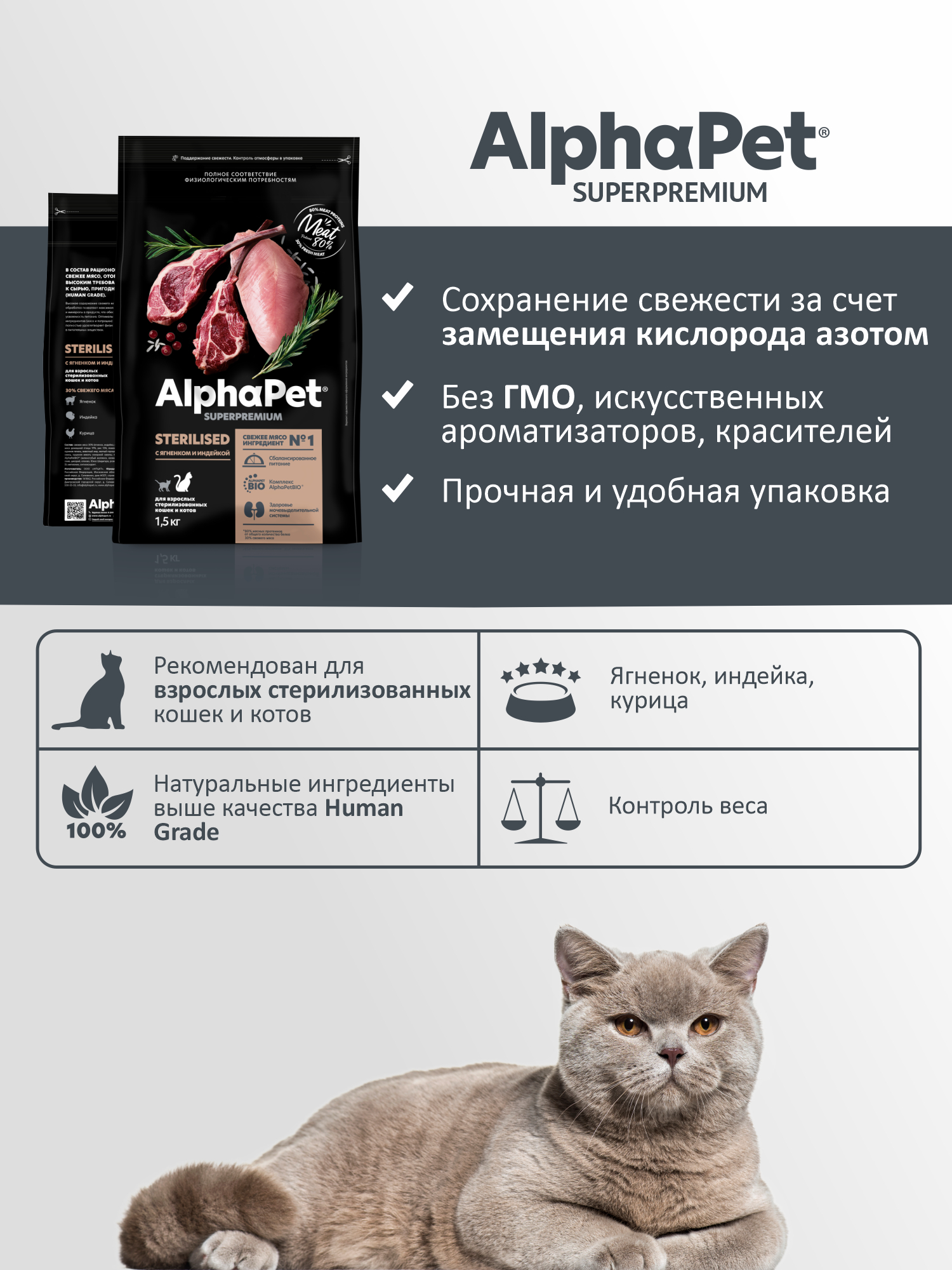 Сухой полнорационный корм AlphaPet корм с ягненком и индейкой для взрослых стерилизованных кошек и котов 1,5 кг - фото 3