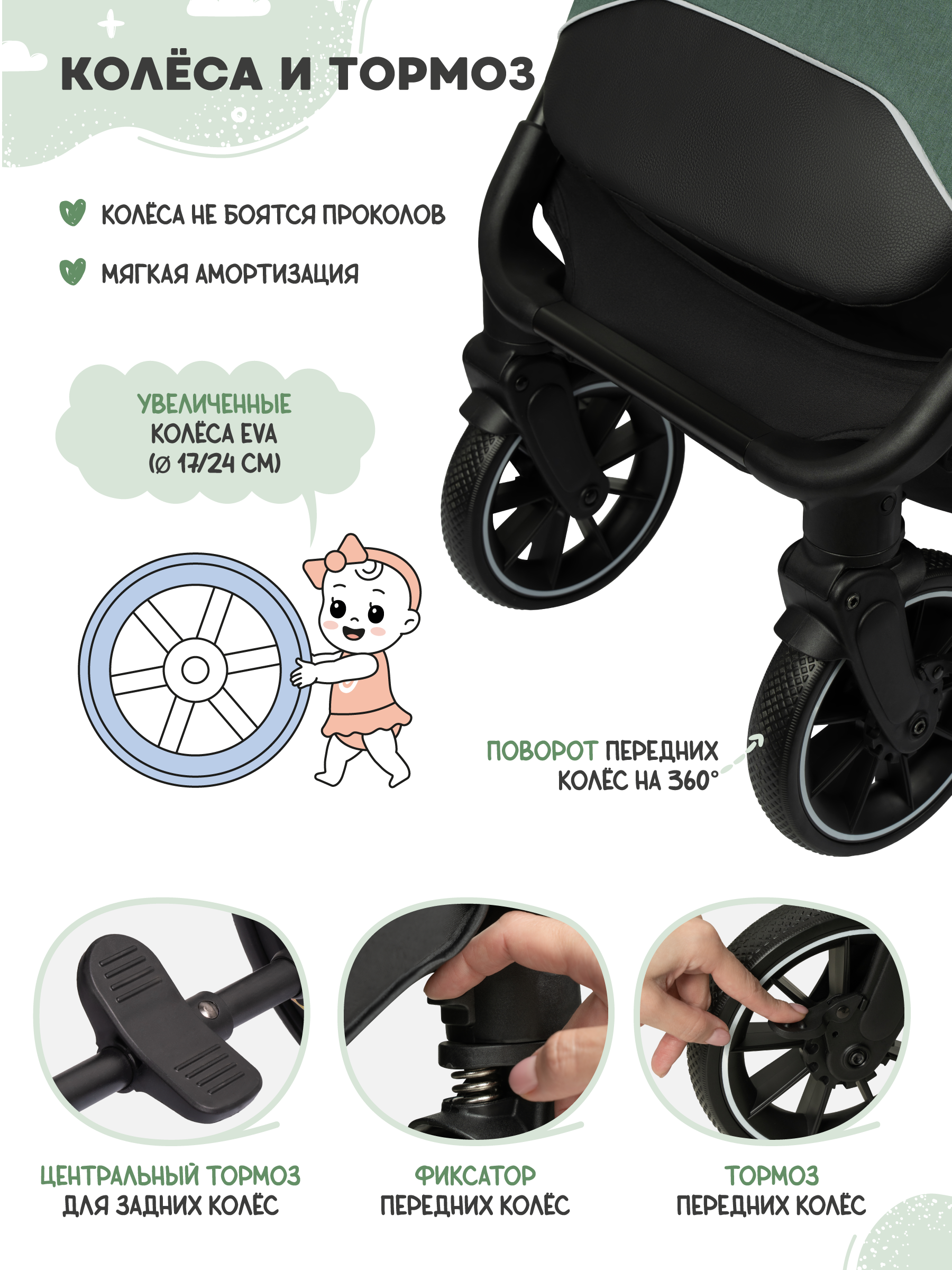 Коляска прогулочная JOVOLA LUNA зеленый-серый - фото 12