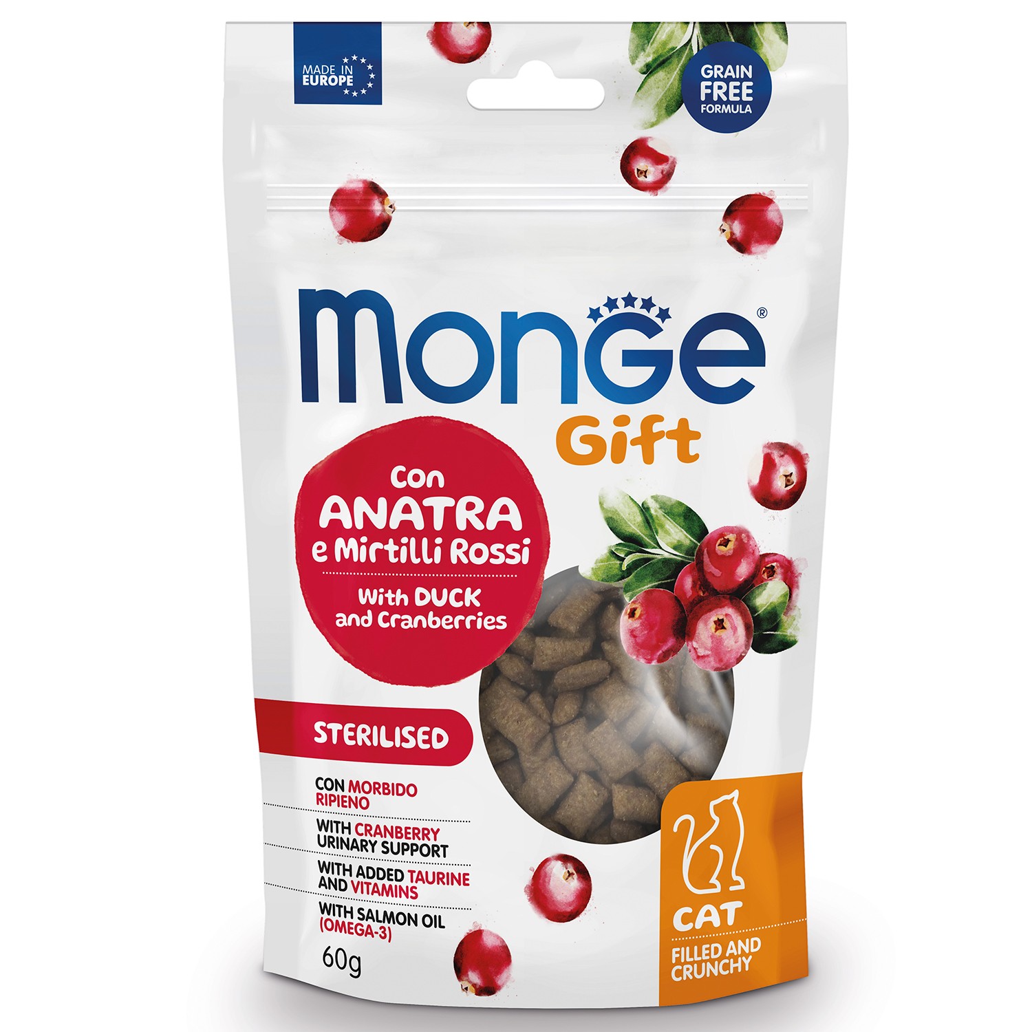 Лакомство для кошек Monge 60 г Gift Sterilised Хрустящие подушечки с начинкой с уткой и клюквой - фото 1