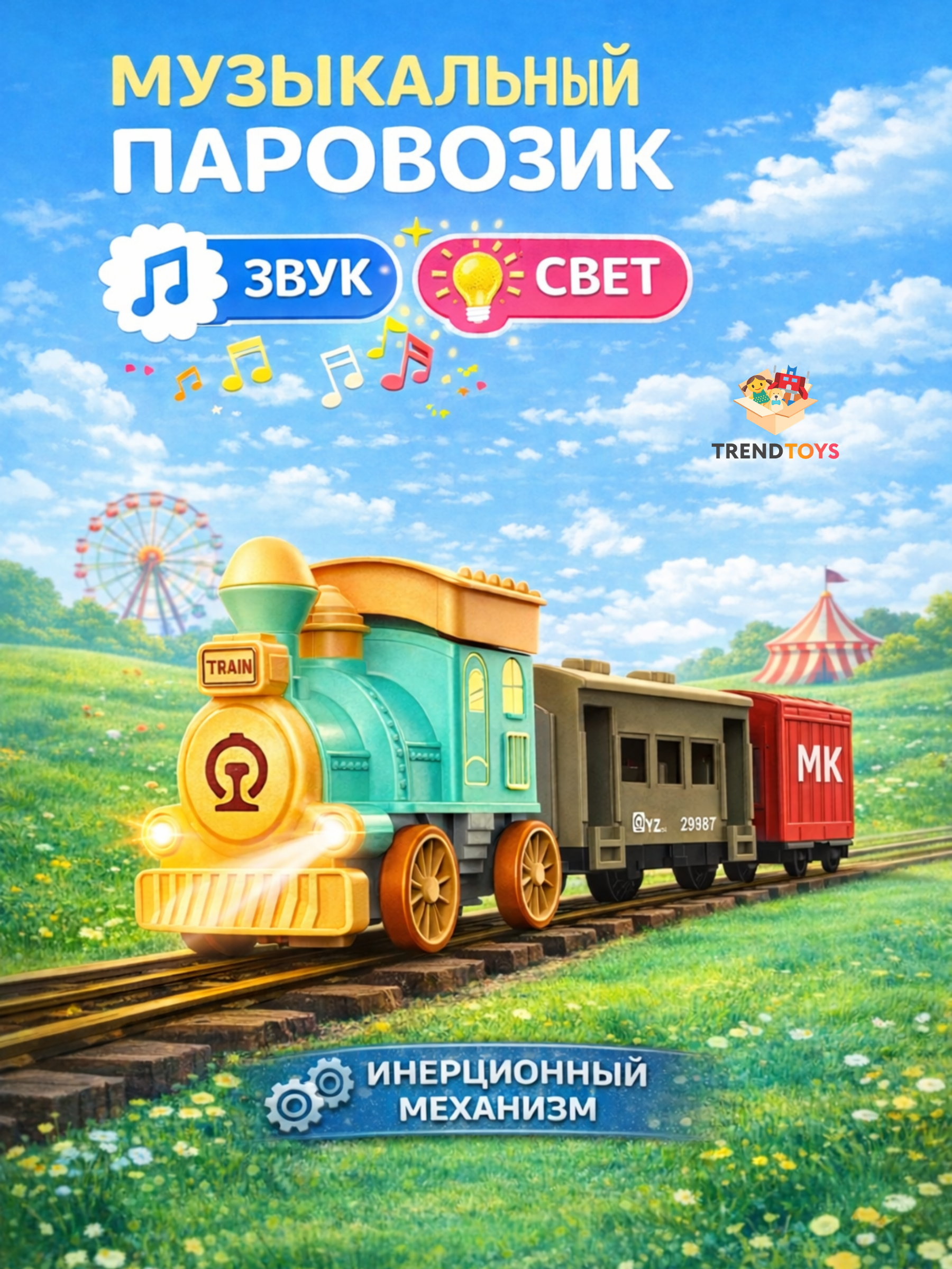 Детский музыкальный паровозик с вагонами TrendToys интерактивный - фото 1