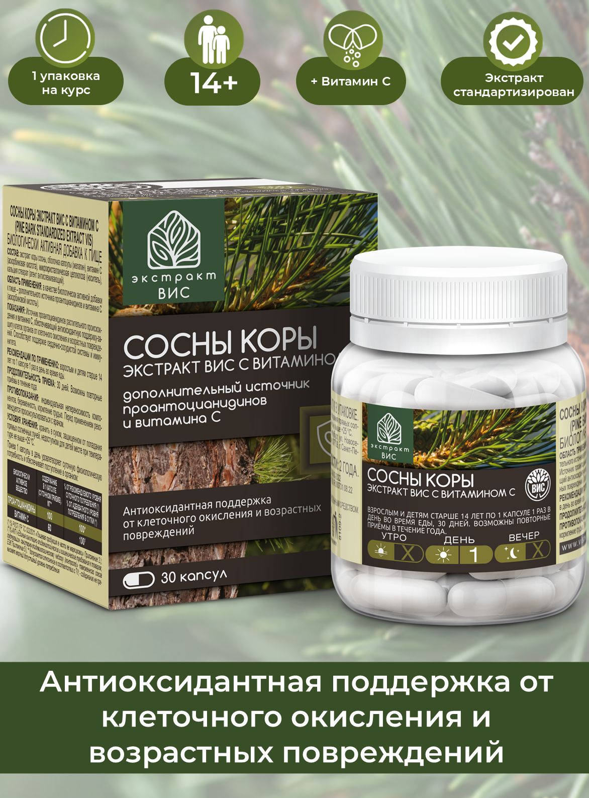 БАД Экстракт-ВИС Сосны коры экстракт с витамином С (Pine Bark Standardized EXTRACT VIS) капсулы №30 - фото 1