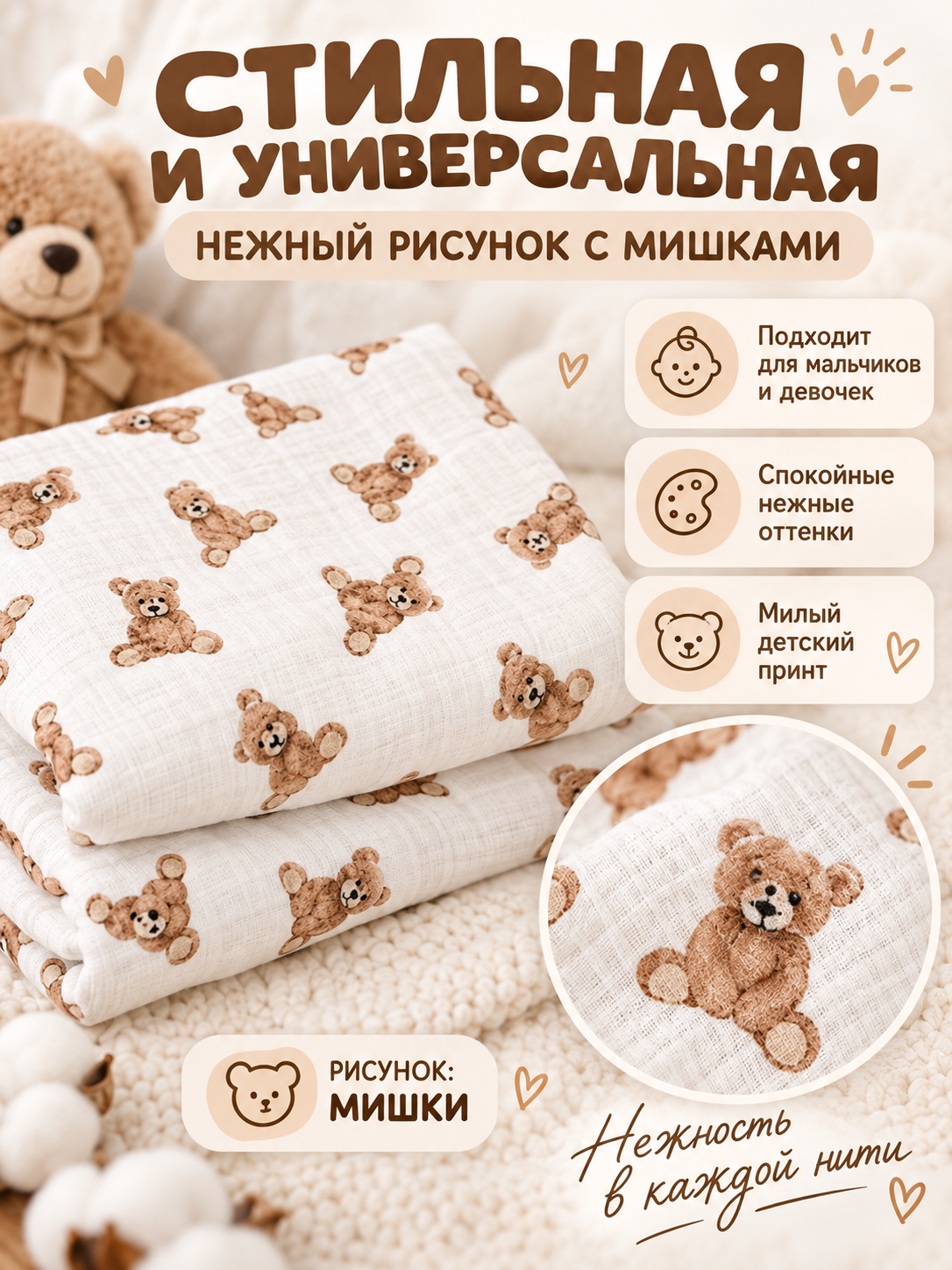 Пелёнка Loo-Loo мишки муслин 100х135 см 1 шт. - фото 8